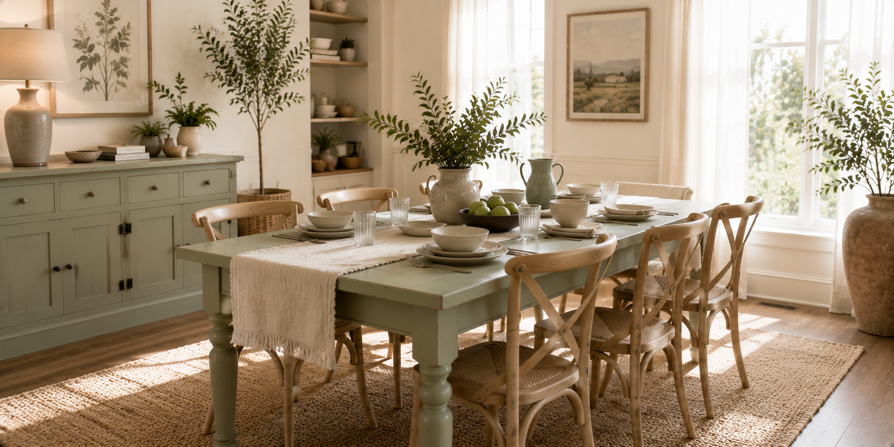 A sage green painted dining table with linen textiles, ceramic dishes, and soft sunlight filtering through sheer curtains