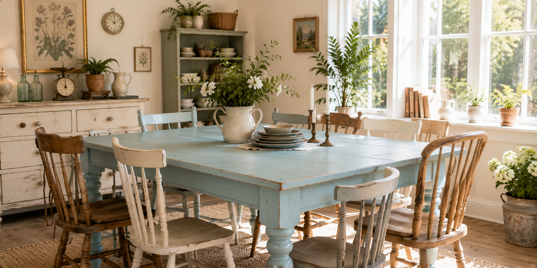 A chalk-painted duck-egg blue dining table with distressed edges, mismatched wooden chairs, and vintage décor accents.