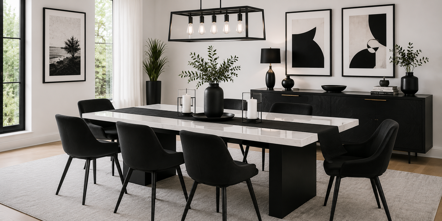A black-and-white dining table centerpiece set in a minimalist dining room with monochrome décor and modern lighting