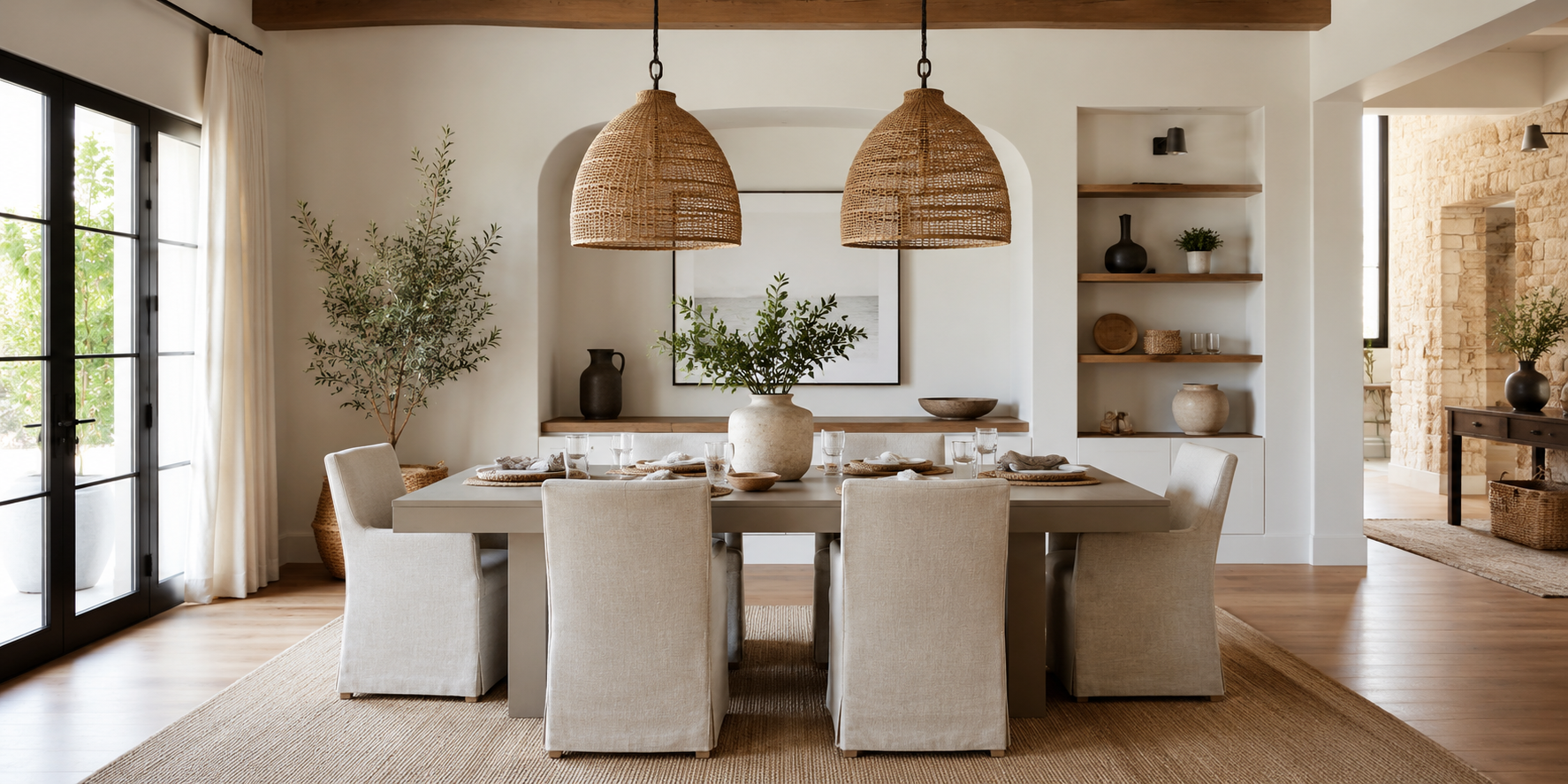 A taupe-painted dining table with linen chairs and woven accessories, soft ambient lighting, and calm neutral tones.