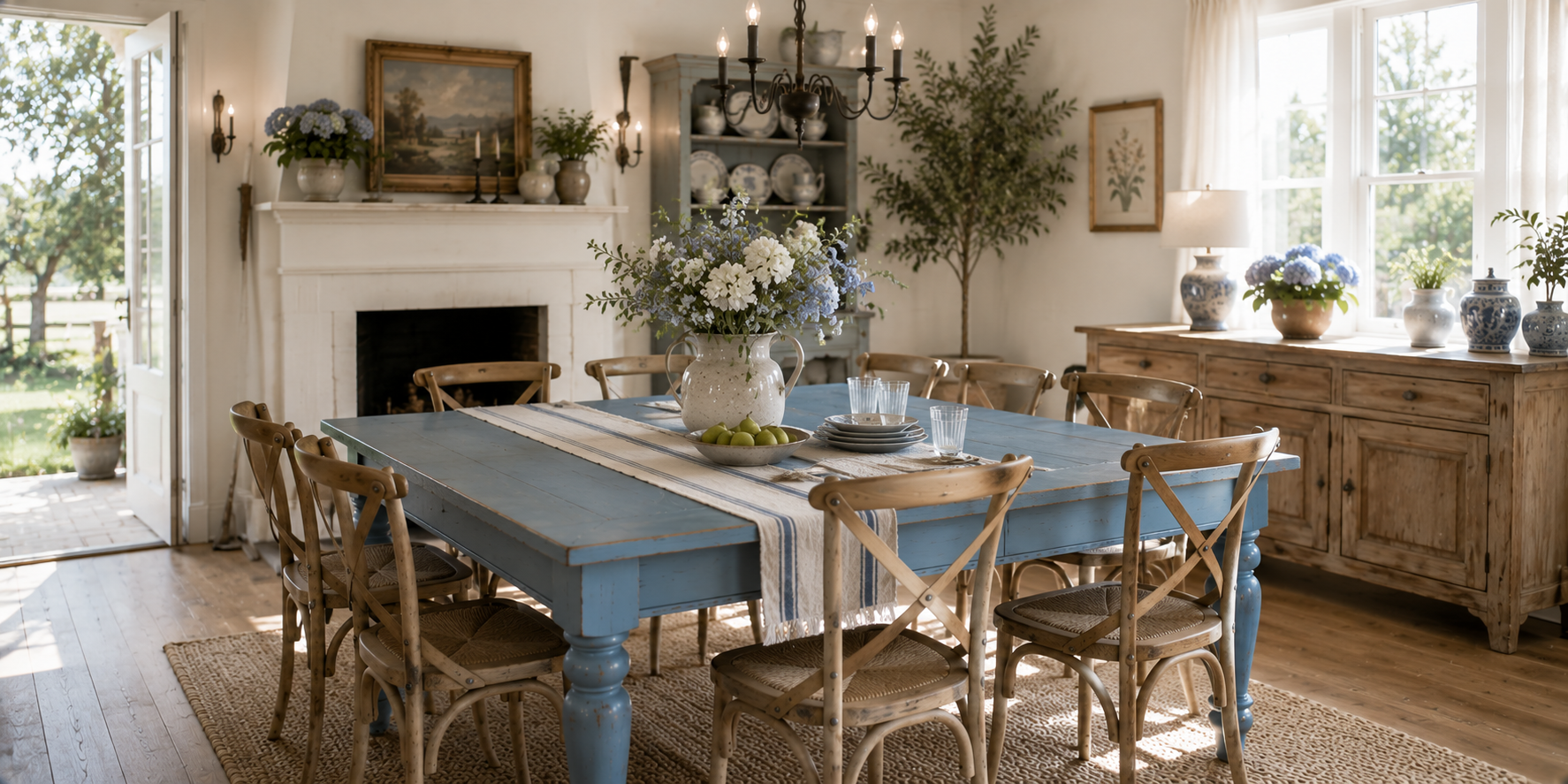 A French-country blue painted dining table with floral arrangements and rustic wooden chairs in a farmhouse dining room
