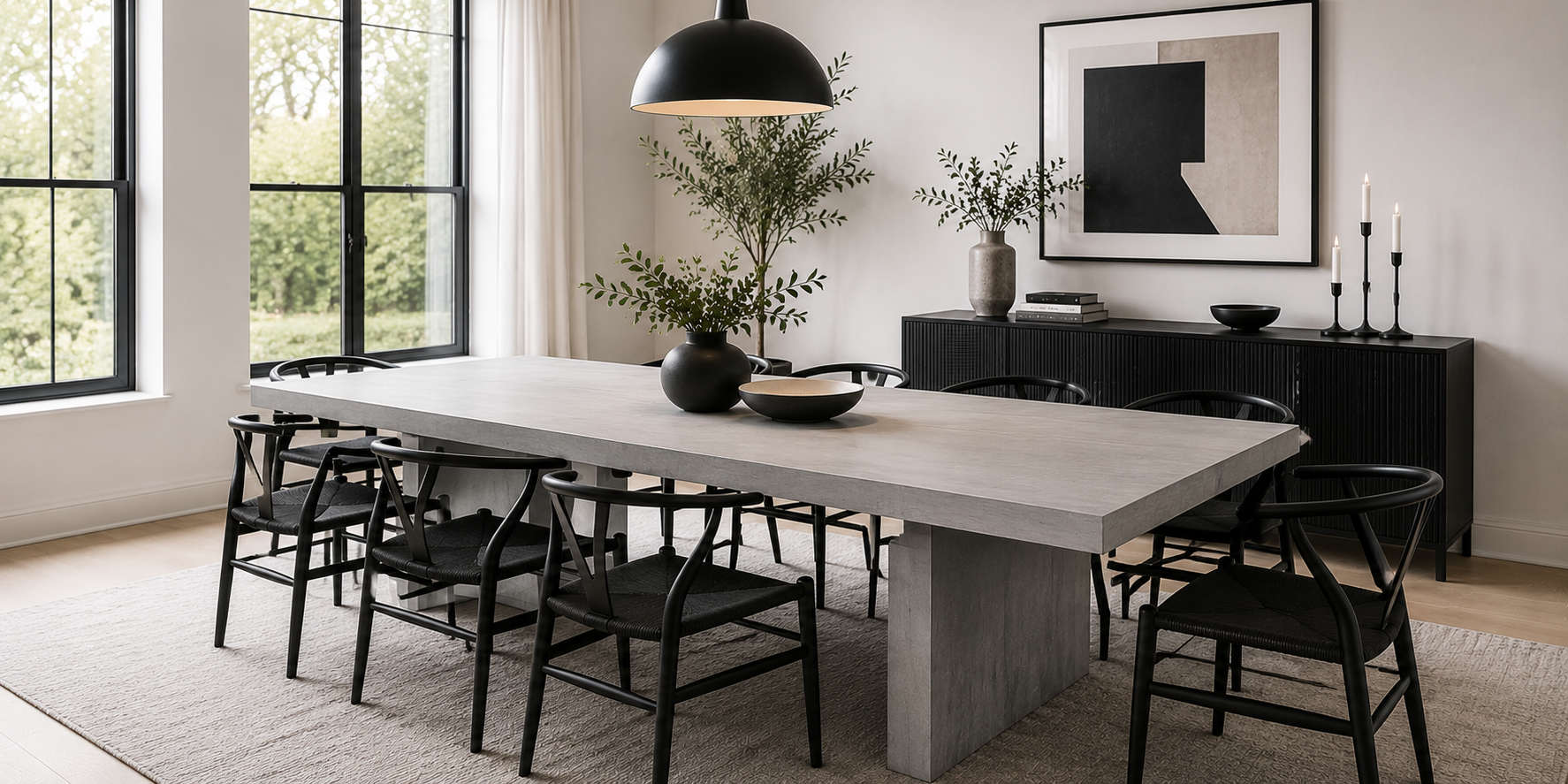 A light gray dining table surrounded by black chairs and neutral décor, modern minimalist style with bright natural light.