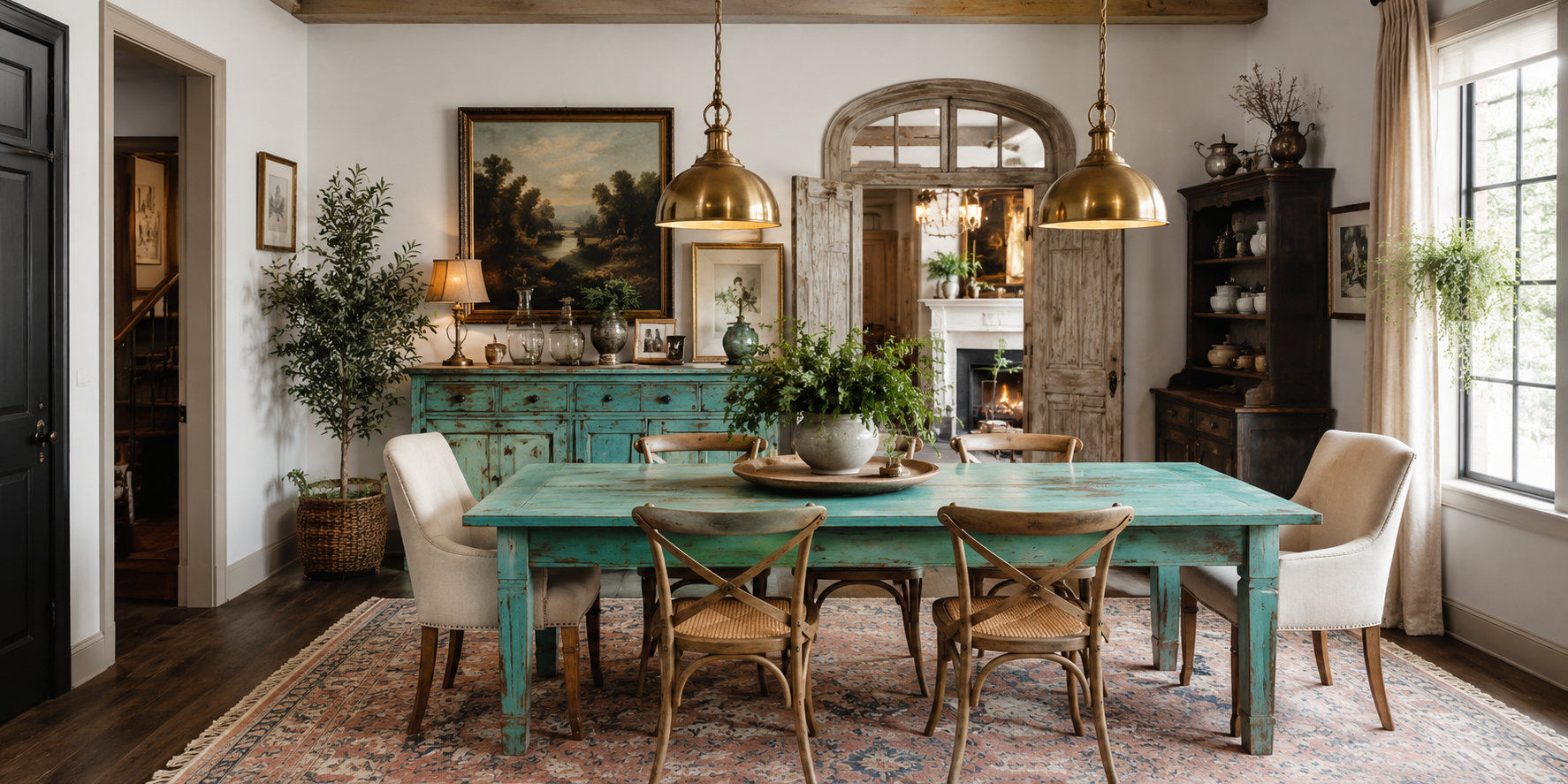 A turquoise dining table with antique patina finish, vintage décor, and aged brass lighting in a cozy dining room.