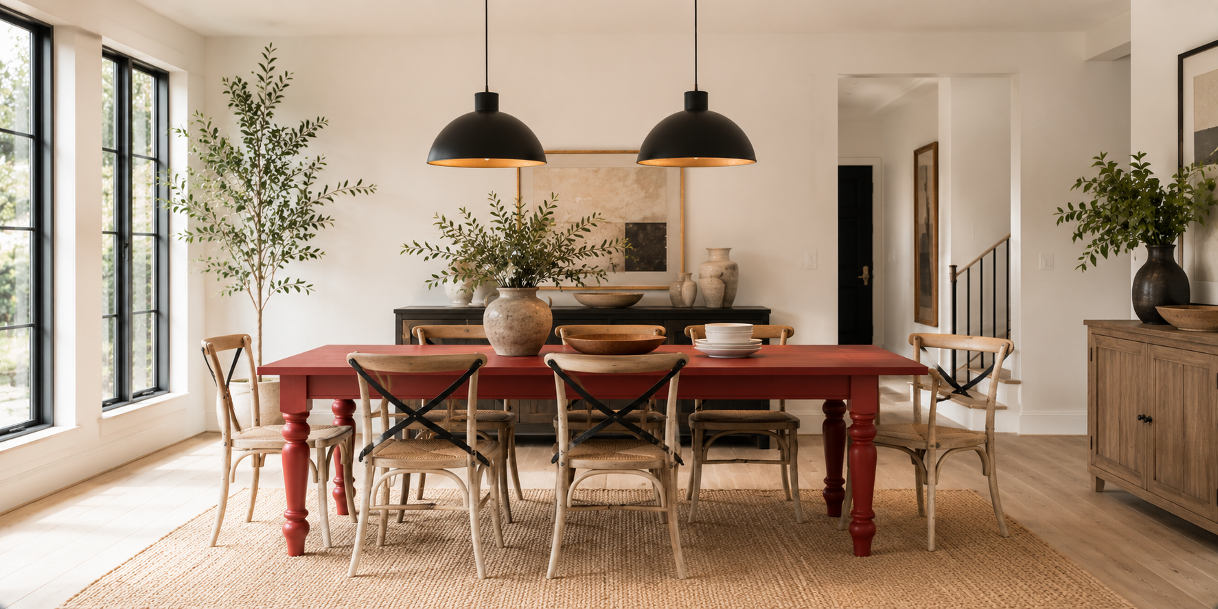 A bold red painted dining table with neutral surroundings and modern pendant lighting in a contemporary dining room
