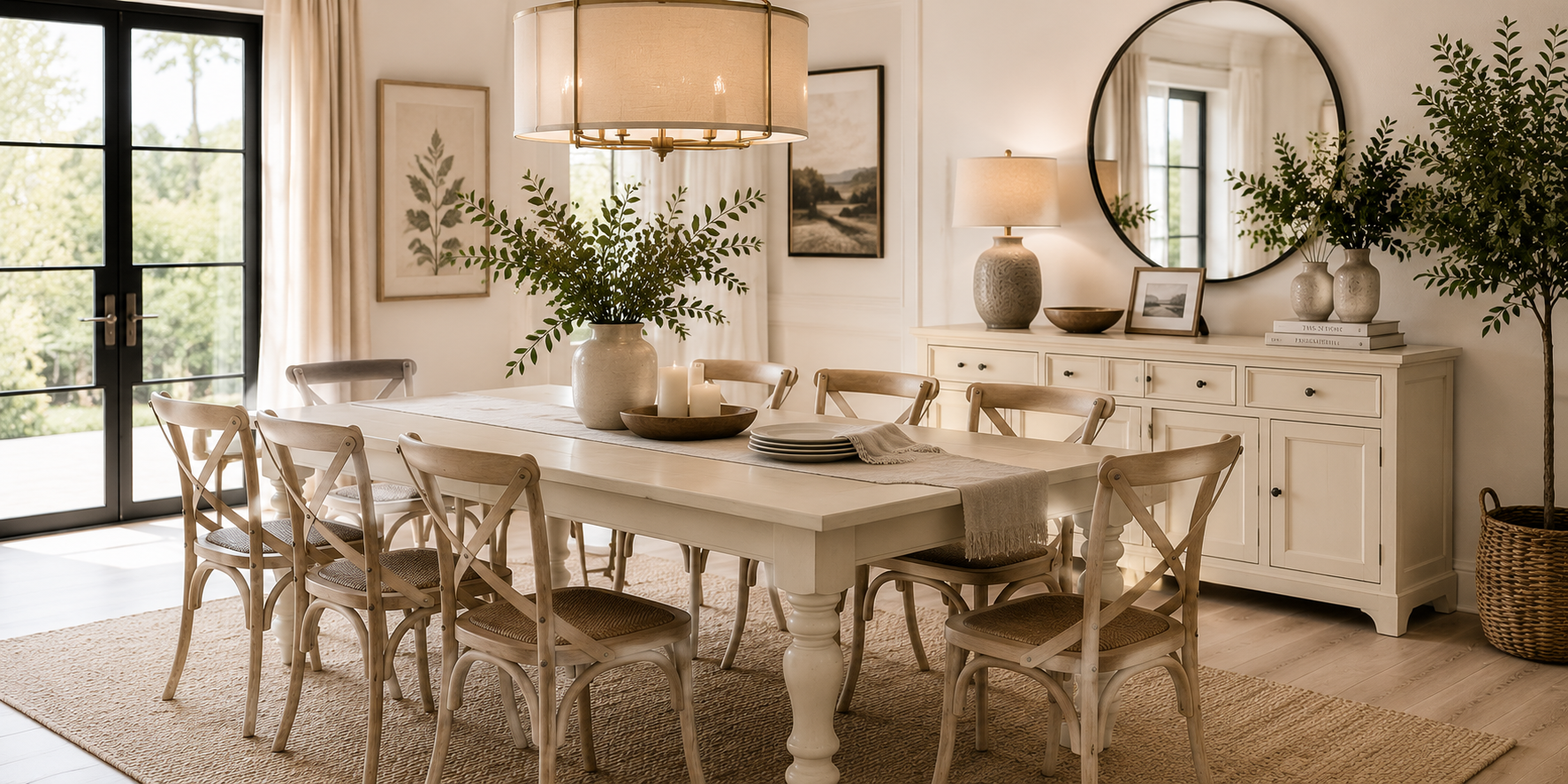 A cream-painted dining table in a sunlit neutral dining space with greenery, light textiles, and elegant simplicity