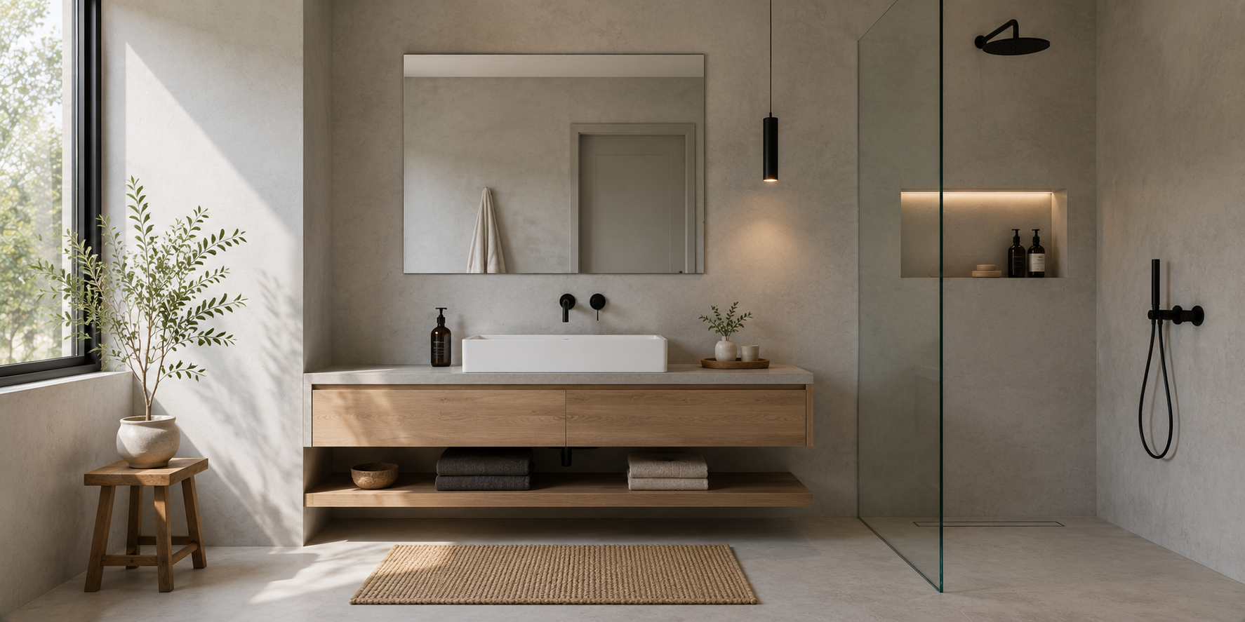A minimalist bathroom with a rectangular white basin, frameless mirror, matte black fixtures, and seamless concrete walls, with soft natural daylight.