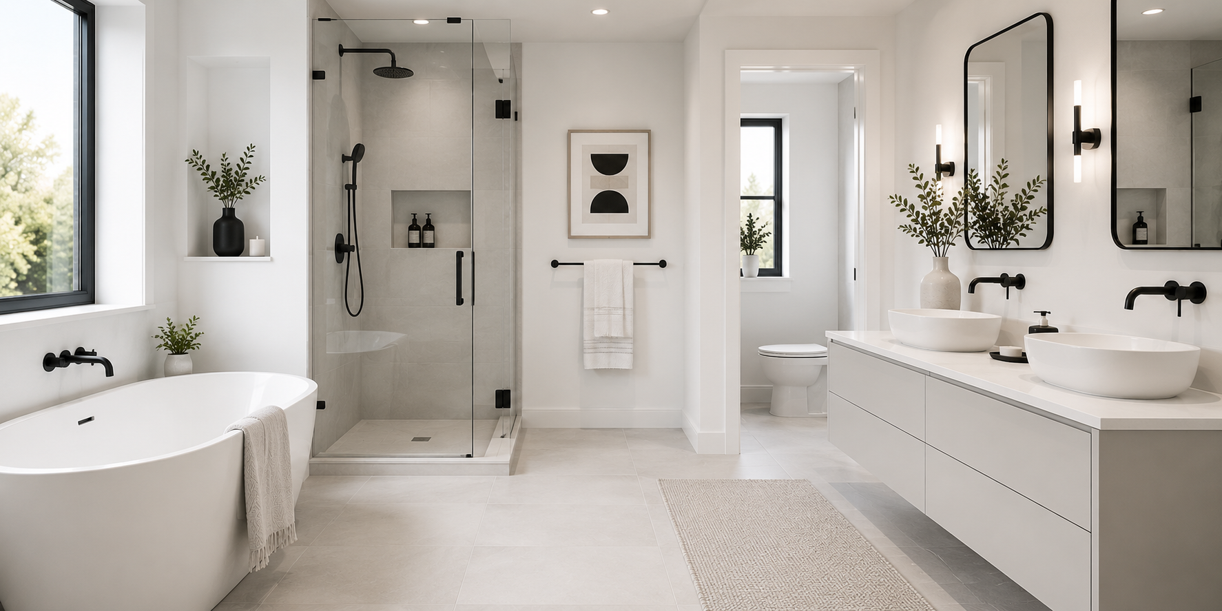 A bright monochrome minimalist bathroom in white and light gray tones, matte finishes, floating vanity, and glass shower enclosure. 4