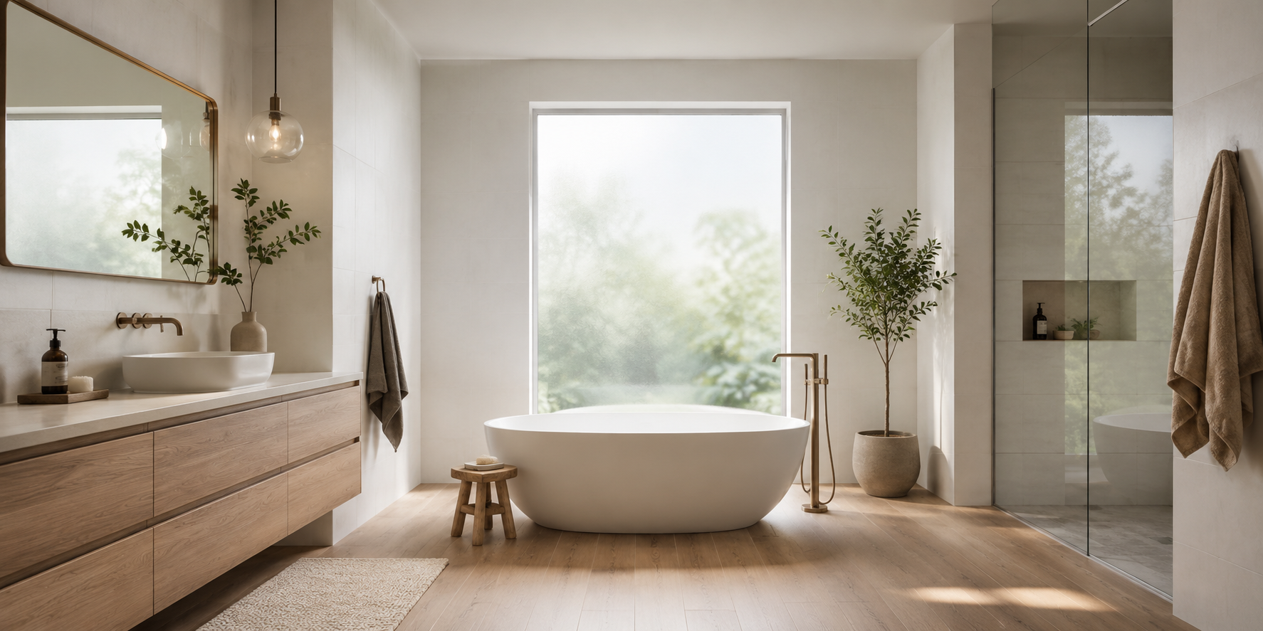 A minimalist bathroom with a floating oak vanity, wall-mounted faucet, frameless mirror, and continuous floor tile from wall to wall.