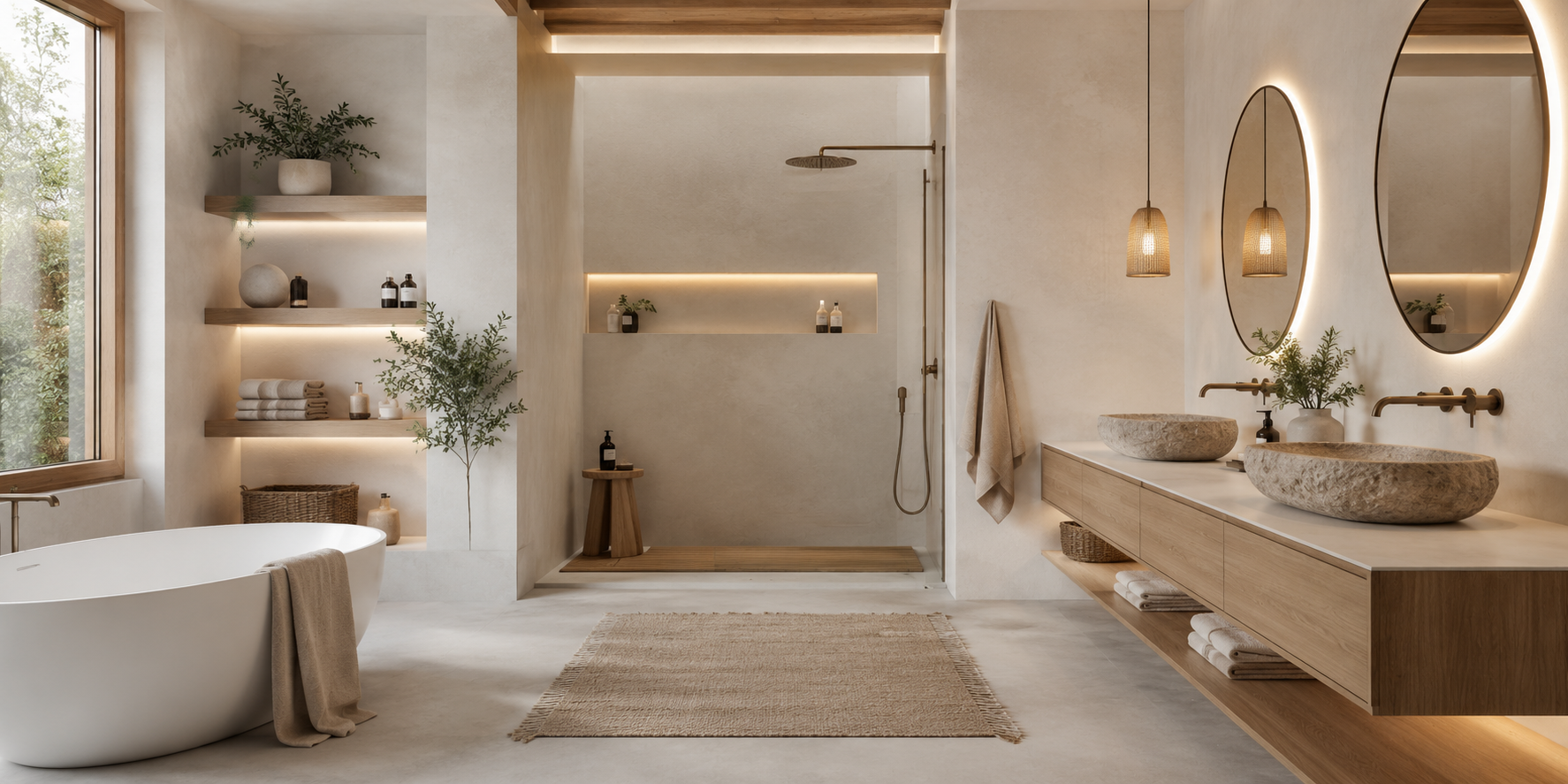 A minimalist spa-style bathroom with oak wood accents, a stone sink basin, and white plaster walls, with subtle ambient lighting