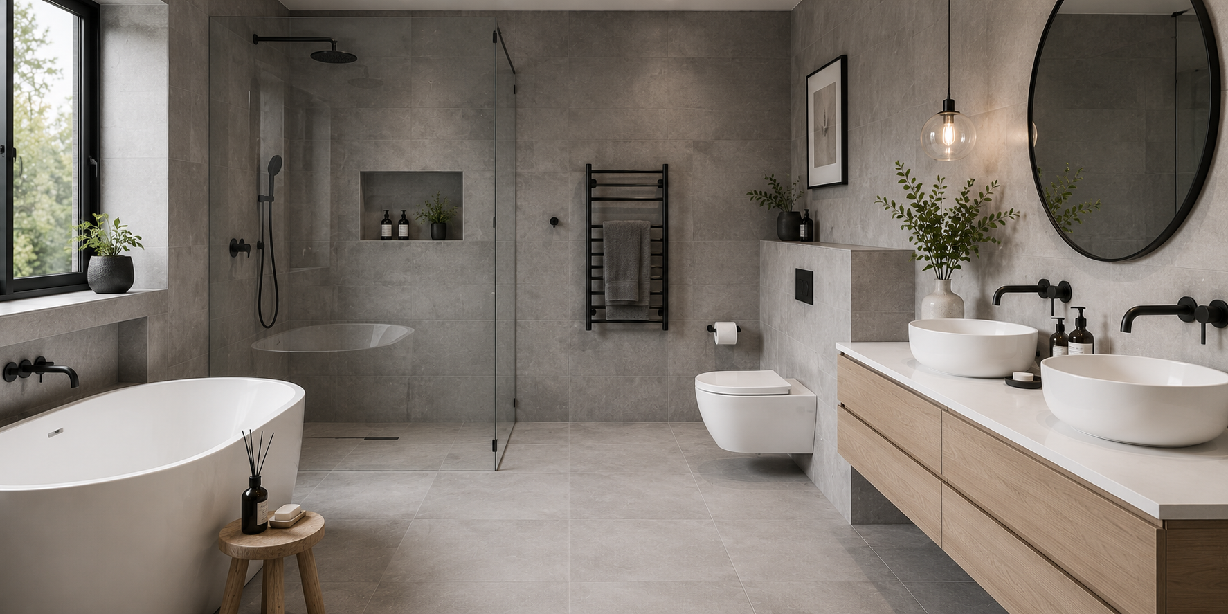 Minimalist bathroom with large matte gray tiles on wall and floor, frameless shower glass, and clean-lined fixtures.