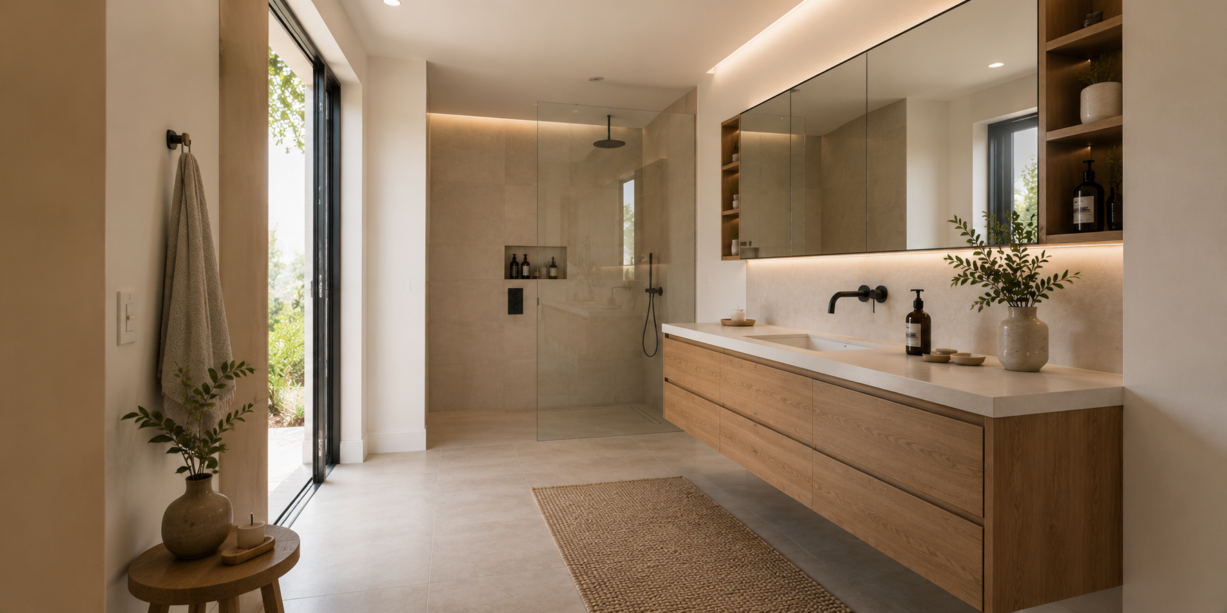 A minimalist vanity with hidden drawers, recessed storage behind mirror, and clear countertops with subtle decor