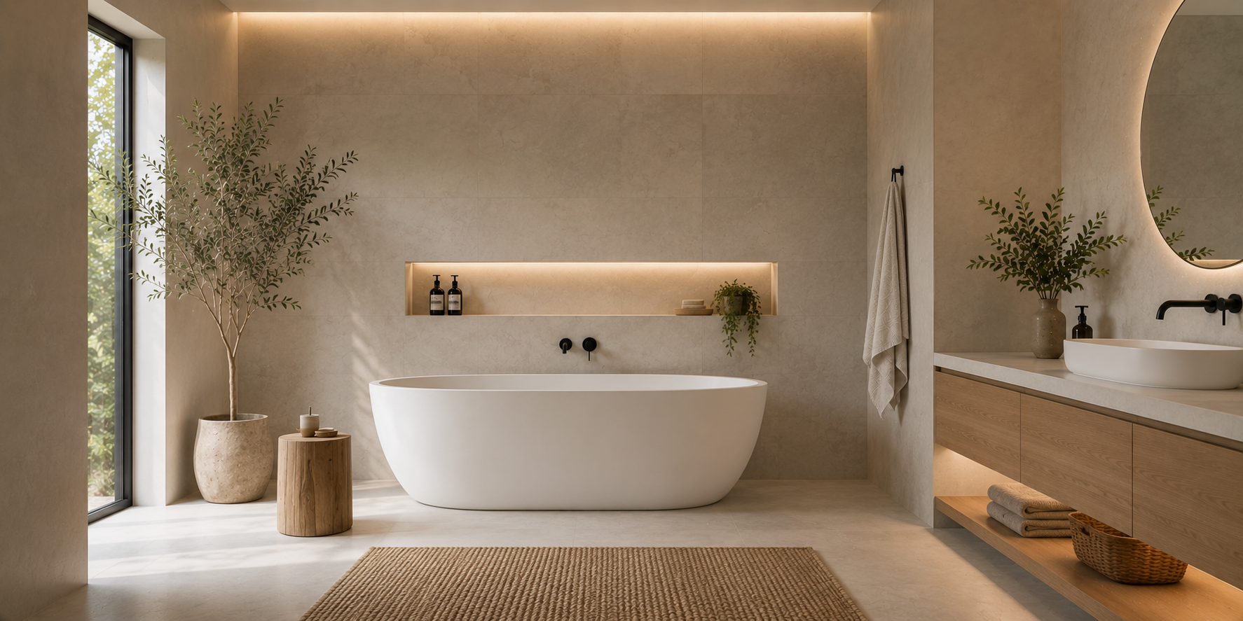 A minimalist bathroom with a standalone oval bathtub as the focal point, soft lighting, and neutral stone backdrop