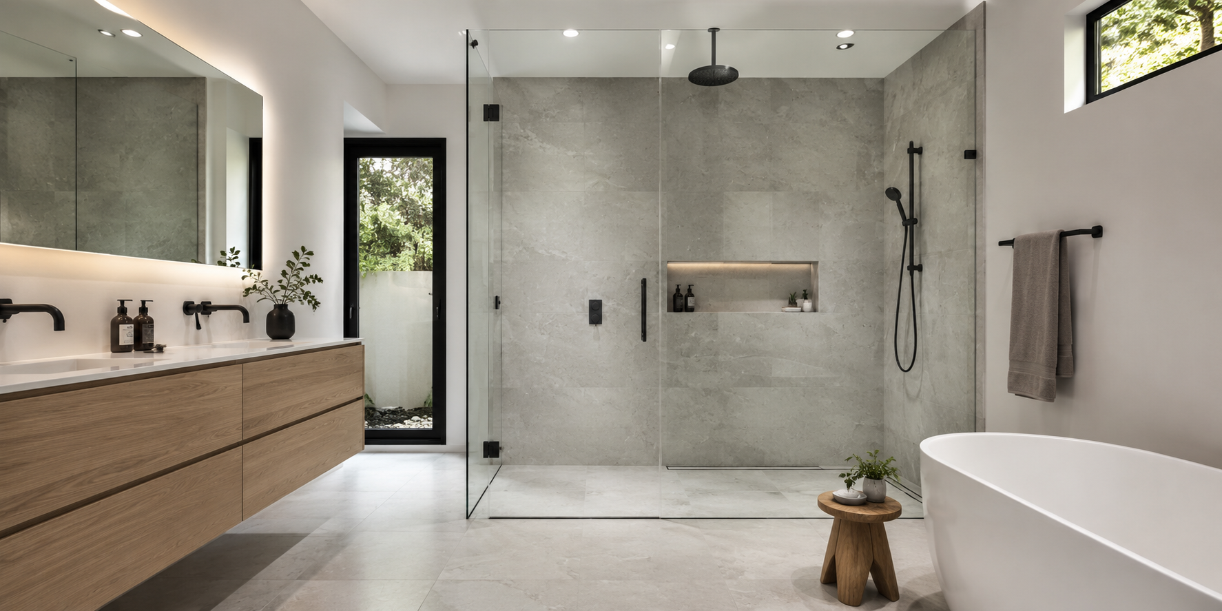 A walk-in shower enclosed with frameless glass, matte black shower fixtures, seamless gray stone tiles, minimalist interior.