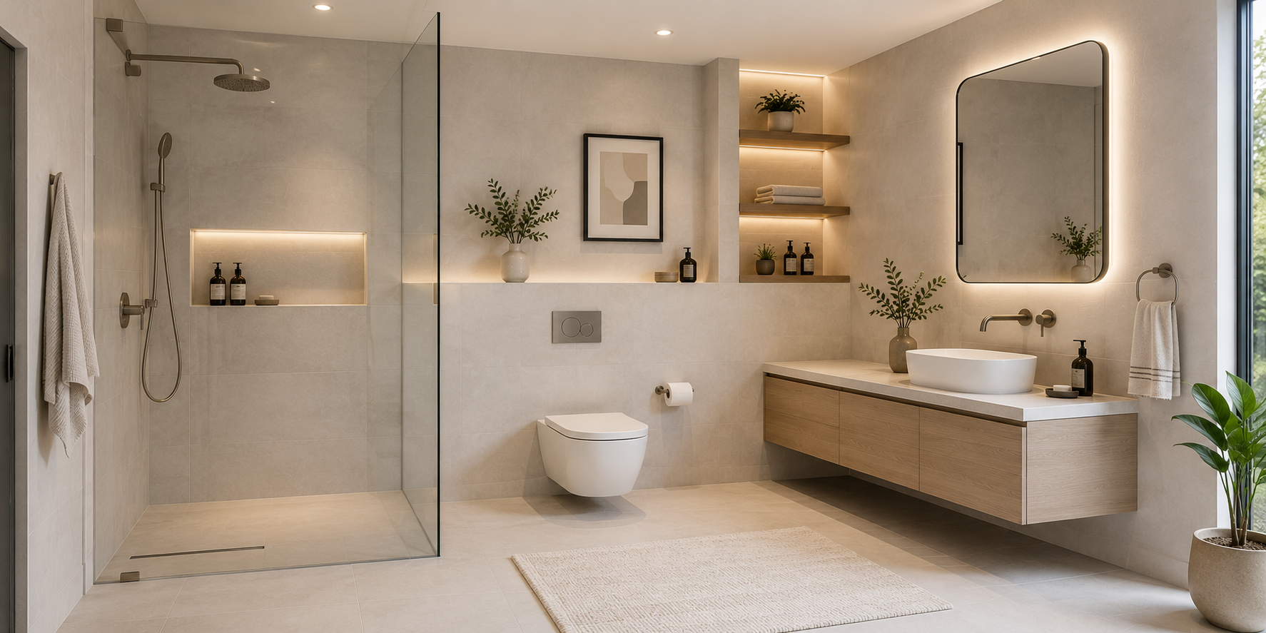 A minimalist bathroom with brushed nickel fixtures, wall-mounted rain shower, and floating shelves, warm indirect lighting.