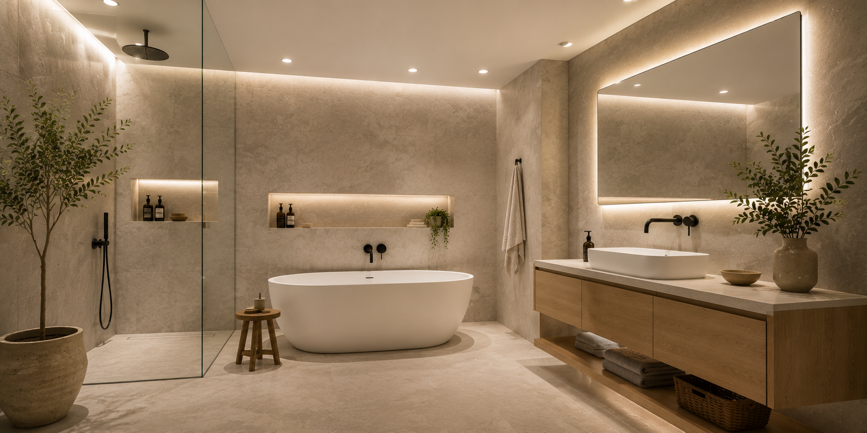 A minimalist bathroom illuminated by recessed ceiling lights and LED backlighting behind a mirror, calm mood lighting, natural stone wall.