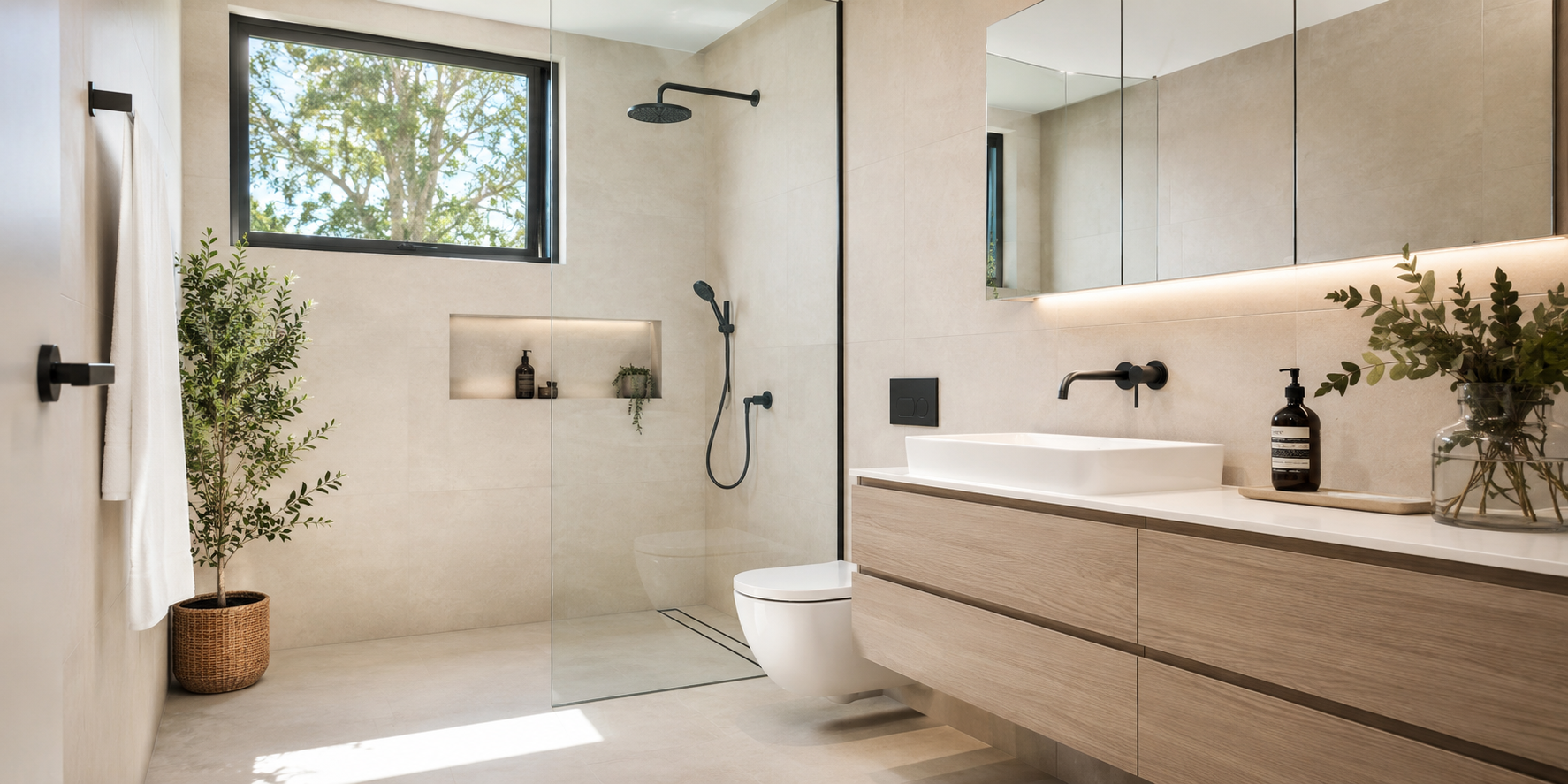 Compact minimalist bathroom with recessed wall niche in shower, hidden drawers, and frameless mirrored cabinet.