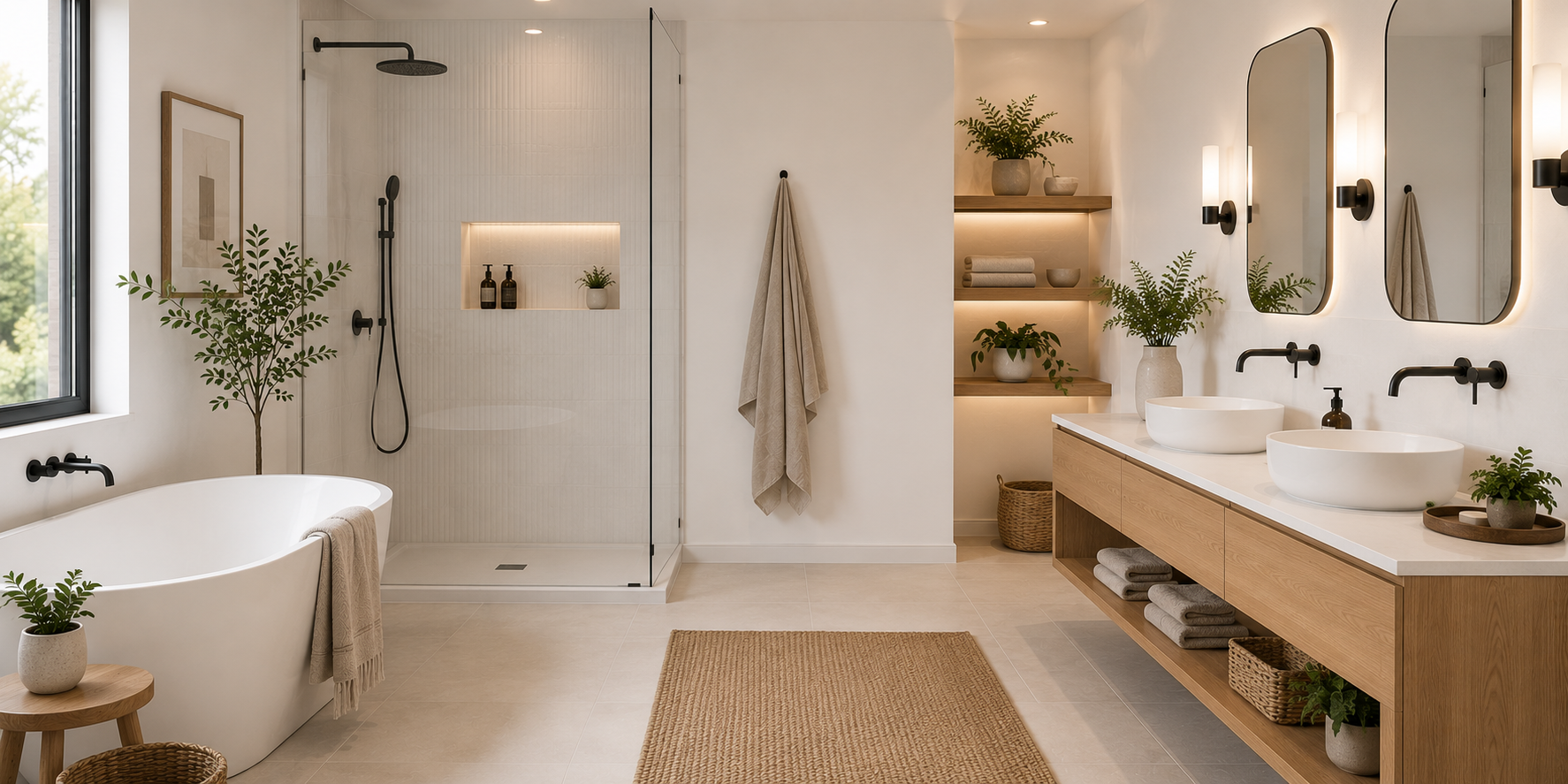 A minimalist bathroom with small green plants on vanity, natural linen towels, white walls, and warm oak accents.