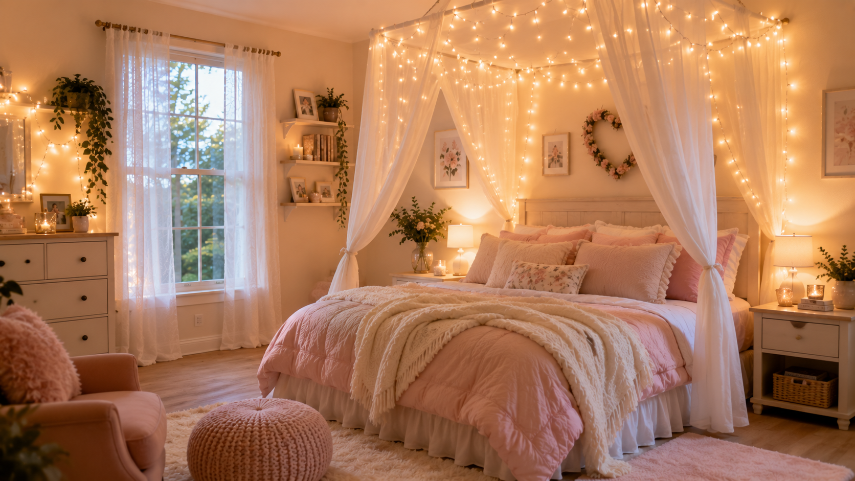 A cozy pastel bedroom with fairy lights draped across the bed canopy, sheer curtains, and warm, glowing ambiance — dreamy aesthetic lighting setup.