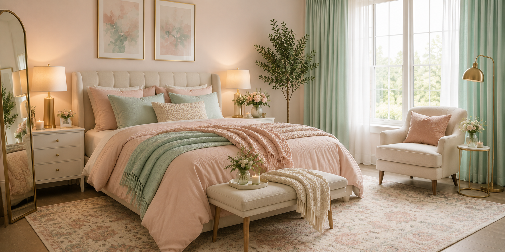 A soft pastel bedroom featuring blush bedding, mint curtains, plush pillows, and textured blankets — calm, dreamy atmosphere with natural light.