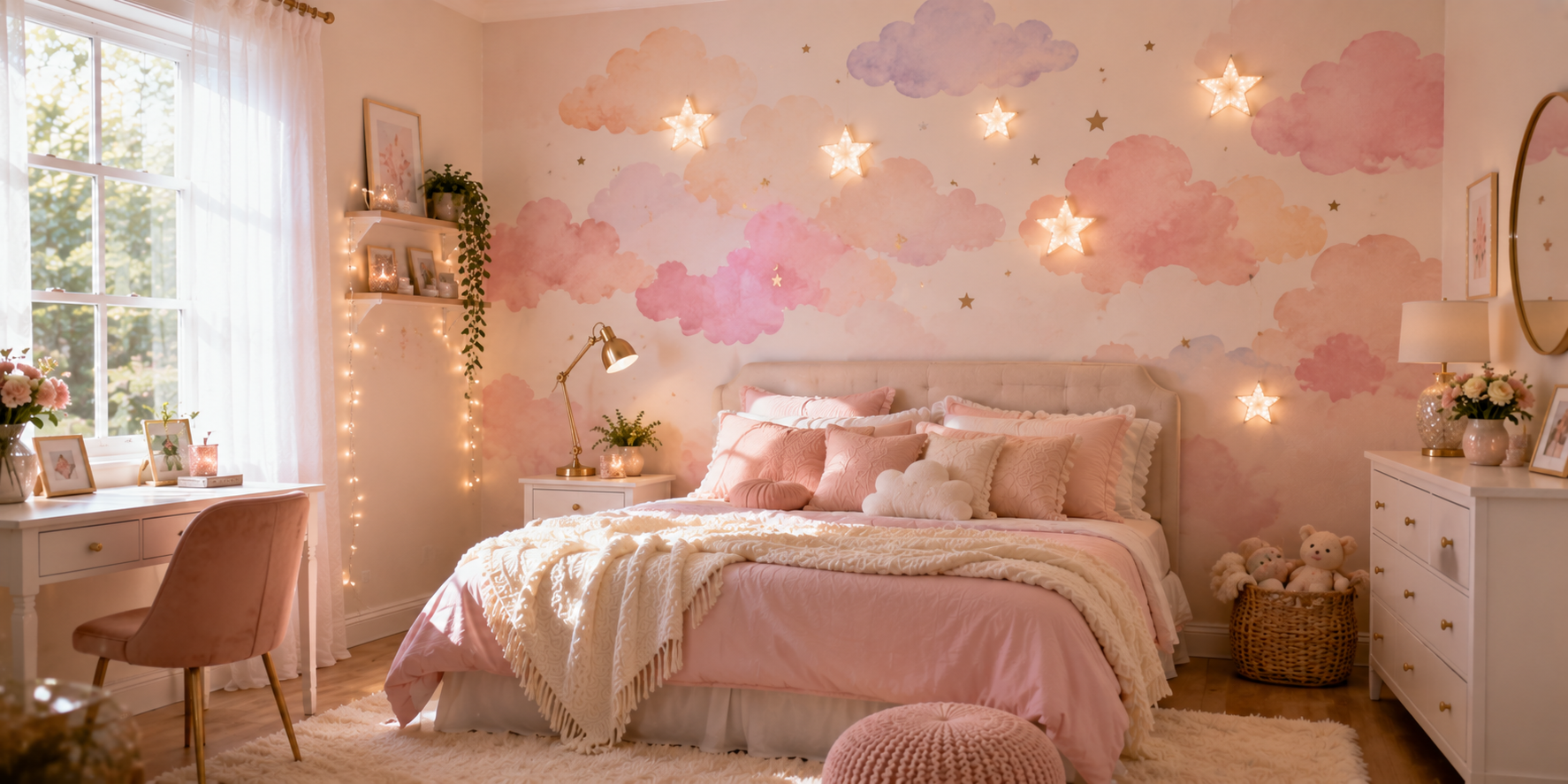 A bedroom wall covered in pastel cloud decals with star-shaped lights, watercolor mural style — whimsical and artistic aesthetic.