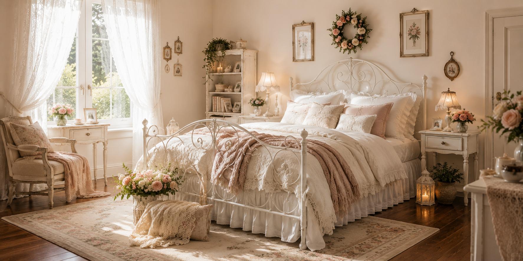A bedroom featuring a white wrought-iron bed frame, layered fluffy bedding, lace details, and warm morning sunlight — romantic vintage decor.