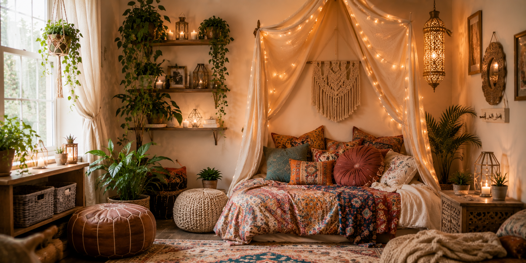 A boho bedroom corner with a draped canopy, colorful cushions, hanging plants, and warm lantern lighting — cozy and eclectic design.