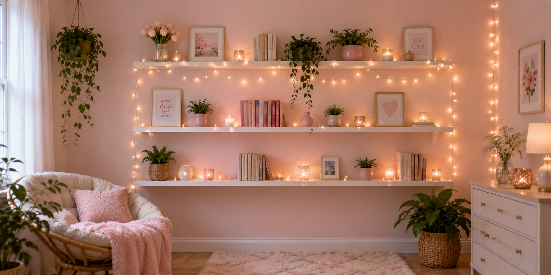 A pastel wall with floating shelves styled with candles, plants, books, and string lights — cute, organized display, cozy lighting.