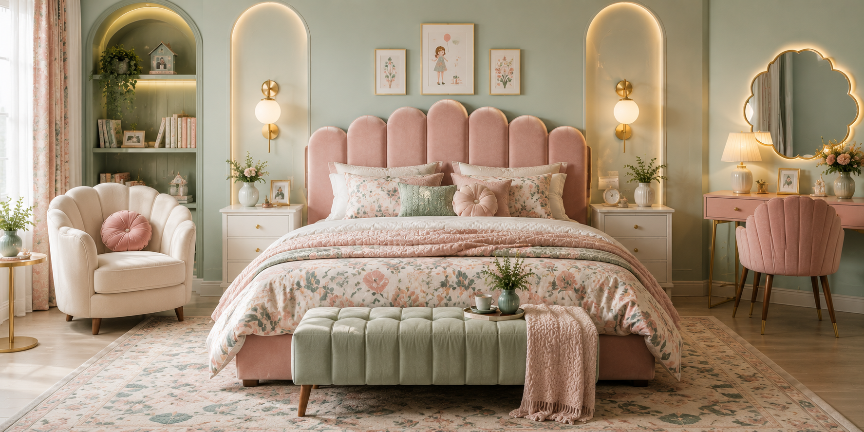 A pastel bedroom with an upholstered scalloped headboard, patterned cushions, and ambient wall lighting — whimsical, cozy design.