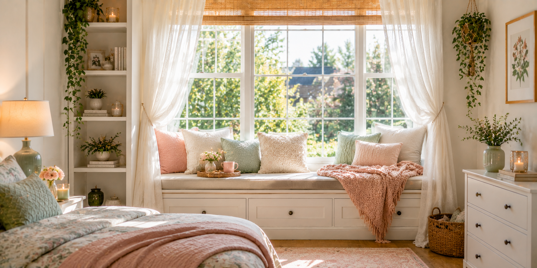 A bright bedroom window seat with pastel cushions, knitted blanket, and sheer curtains — a relaxing reading corner with natural sunlight.