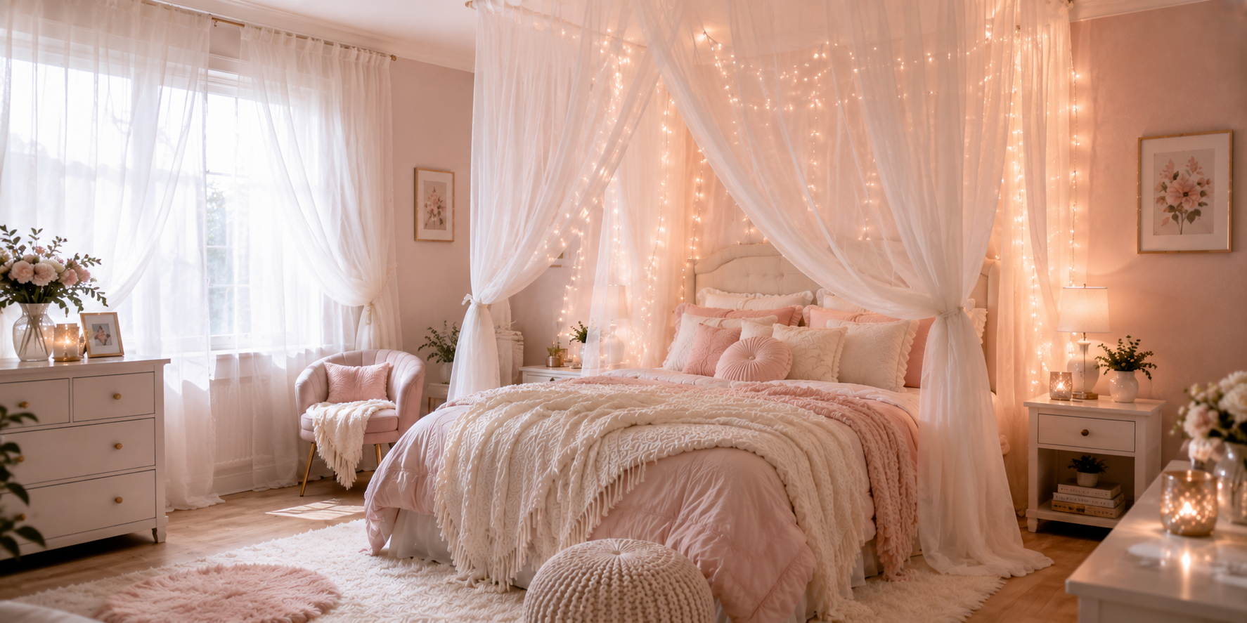 A soft-lit bedroom with layered sheer white curtains, pastel walls, and fairy lights behind fabric — an ethereal, dreamlike feel.