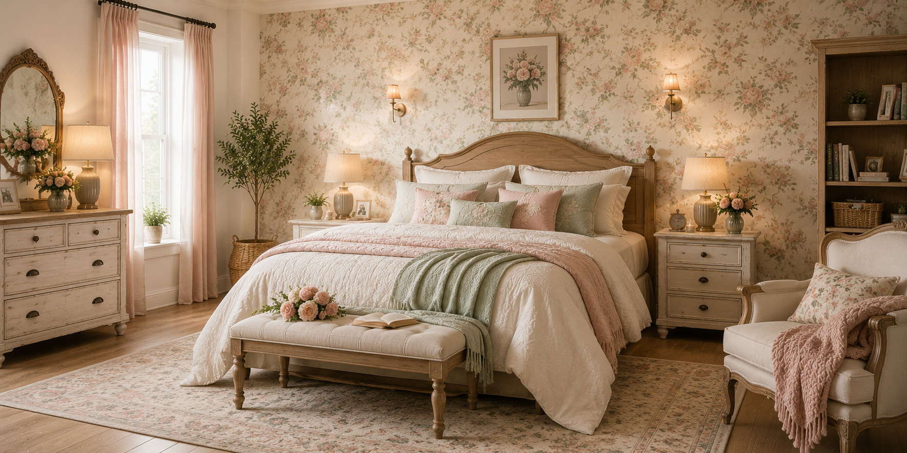 A bedroom with a floral accent wall behind the bed, soft pastel bedding, and natural wooden accents — romantic vintage style.