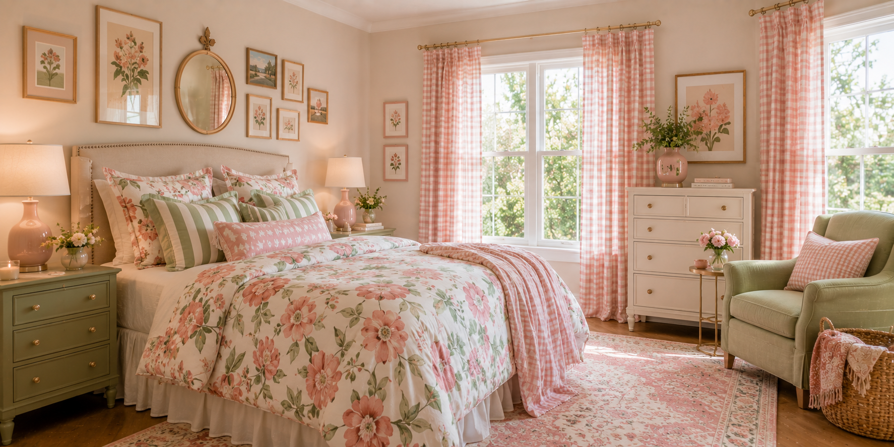 A pastel bedroom featuring floral bedding, striped pillows, and gingham curtains — a cohesive, playful mix of patterns and textures.