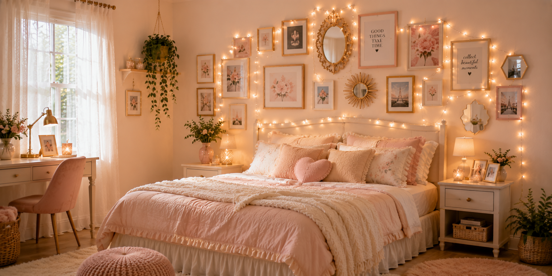 A cozy bedroom gallery wall with pastel-framed art, fairy lights, and small mirrors — warm, whimsical interior styling.
