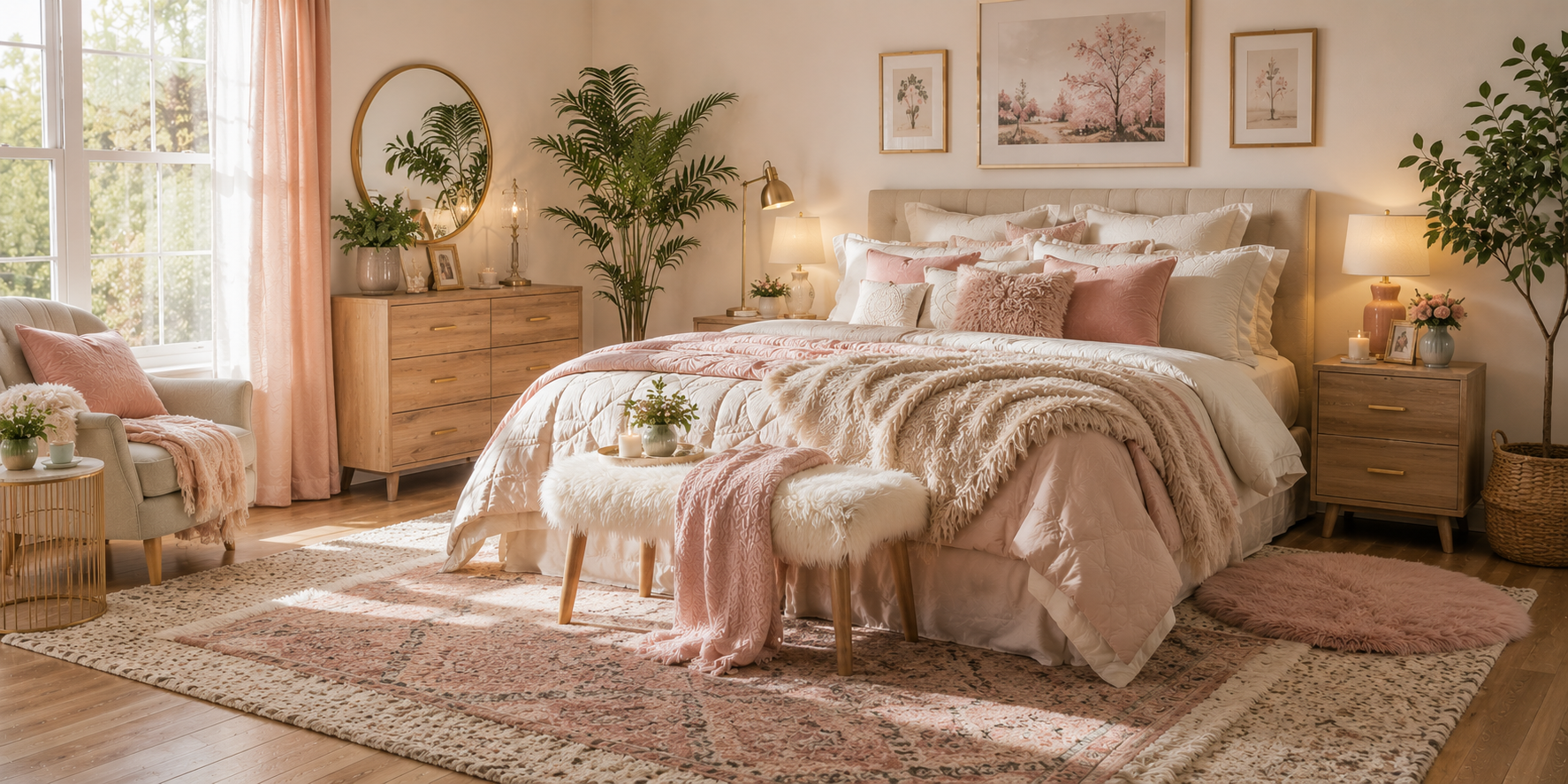 A pastel bedroom with layered rugs, faux fur textures, and cozy bedding — soft tactile atmosphere with warm natural light.