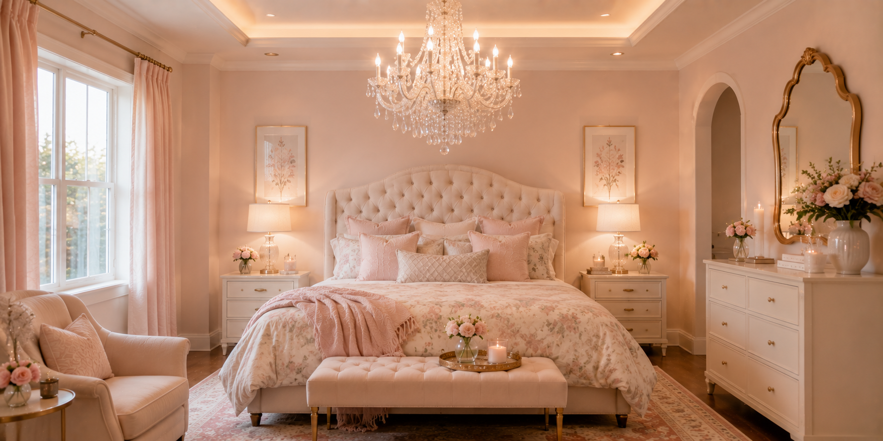 A pastel bedroom with a crystal chandelier above the bed, glowing softly against warm walls — an elegant and magical ambiance.