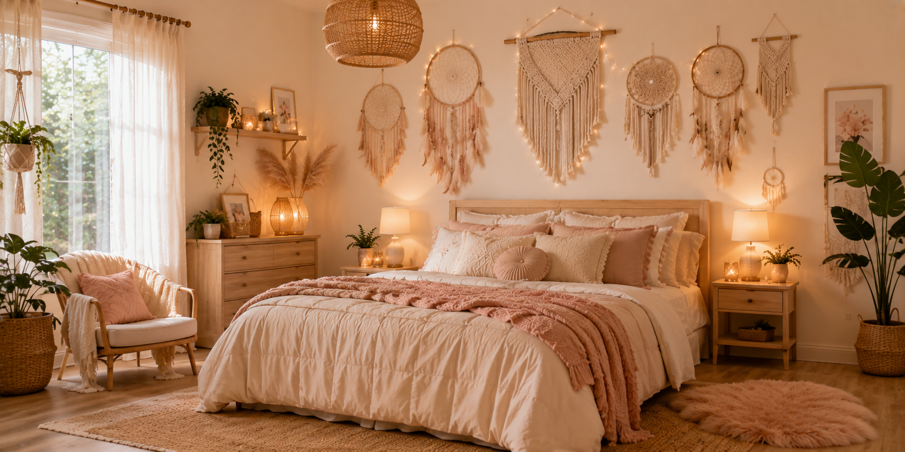 A bedroom wall decorated with macramé dreamcatchers and woven tapestries, soft beige and blush tones — cozy boho chic design.