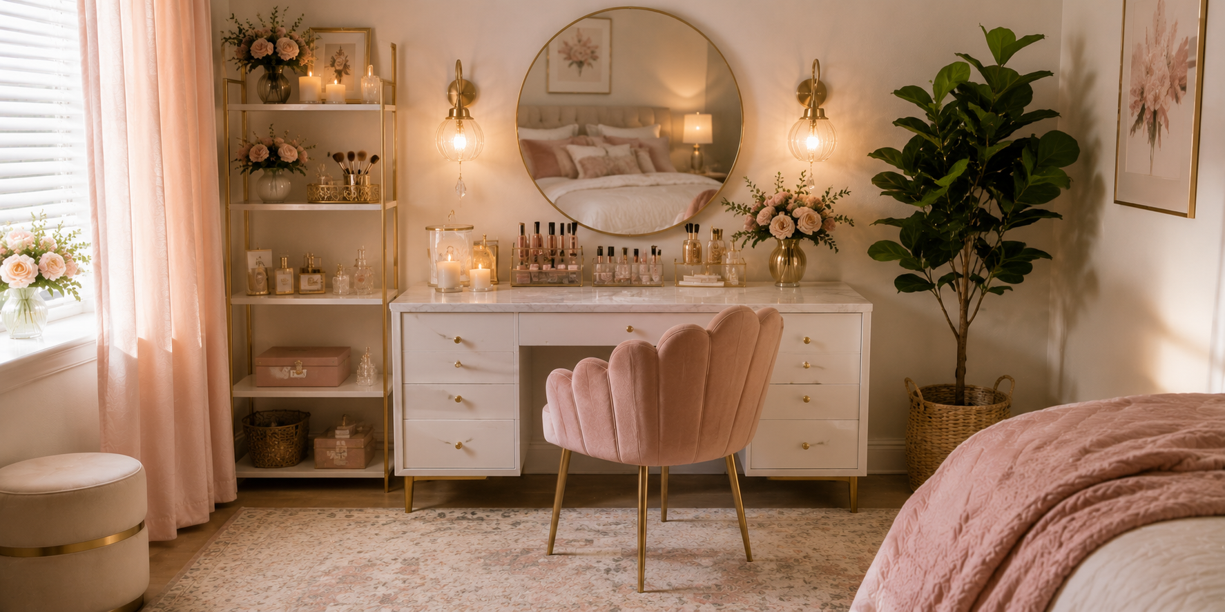 A pastel vanity corner with a round mirror, gold accents, candles, and makeup neatly arranged — soft, warm lighting atmosphere.
