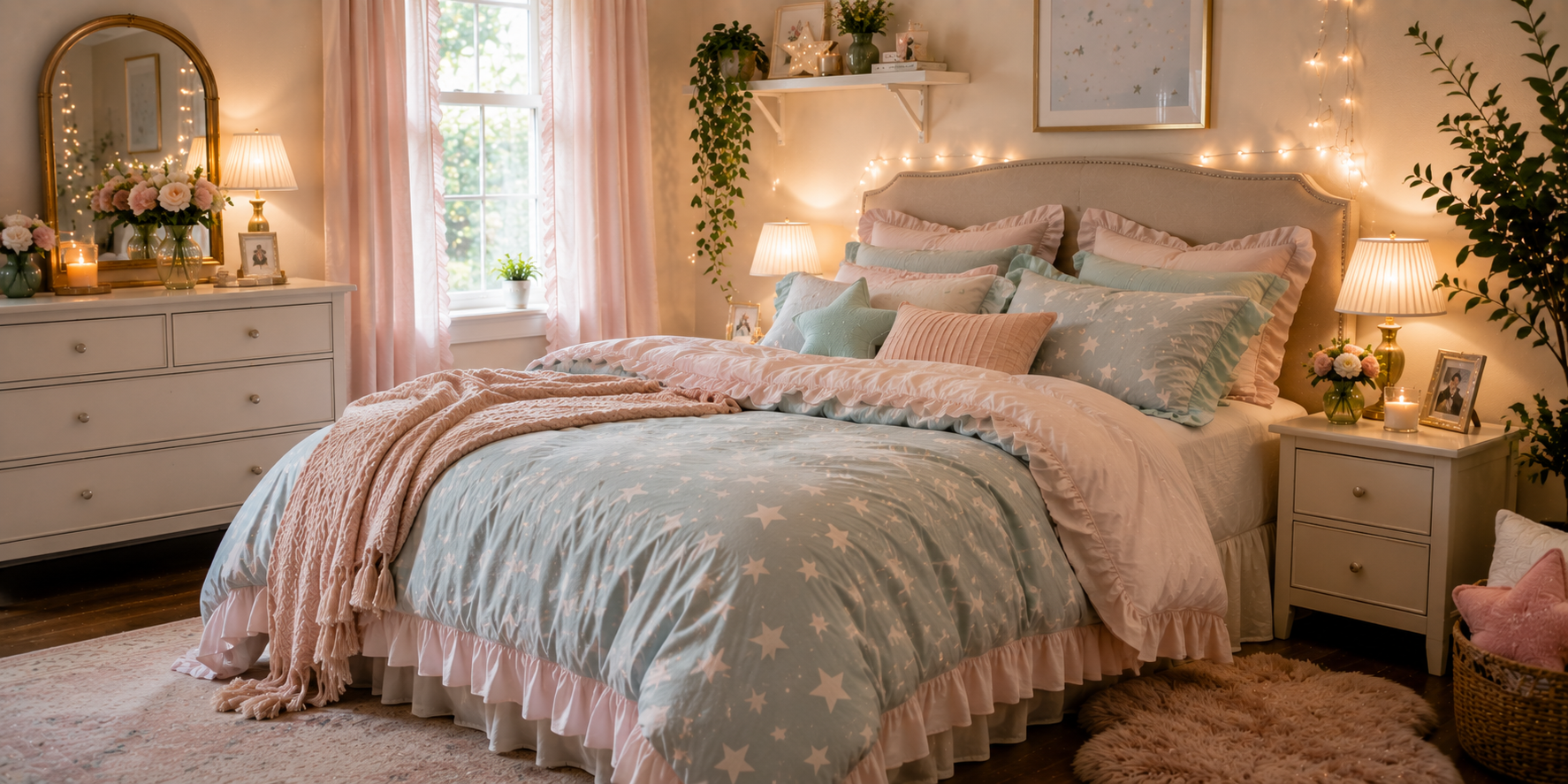 A bed styled with star-print pastel bedding, ruffled sheets, and layered pillows — cozy and inviting bedroom design.