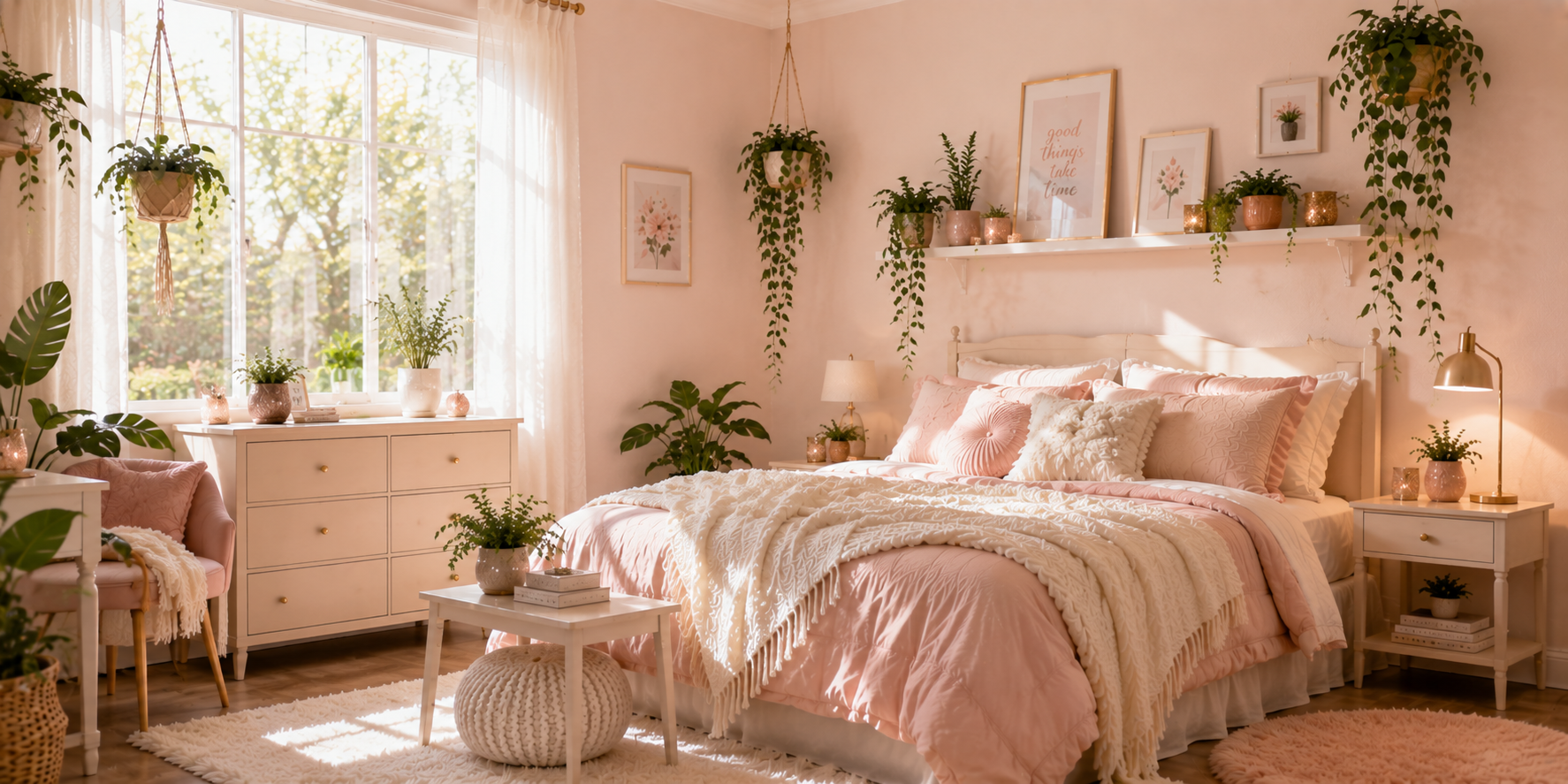 A pastel bedroom with hanging planters, small green plants on shelves, and sunlight streaming in — a refreshing, cozy space.