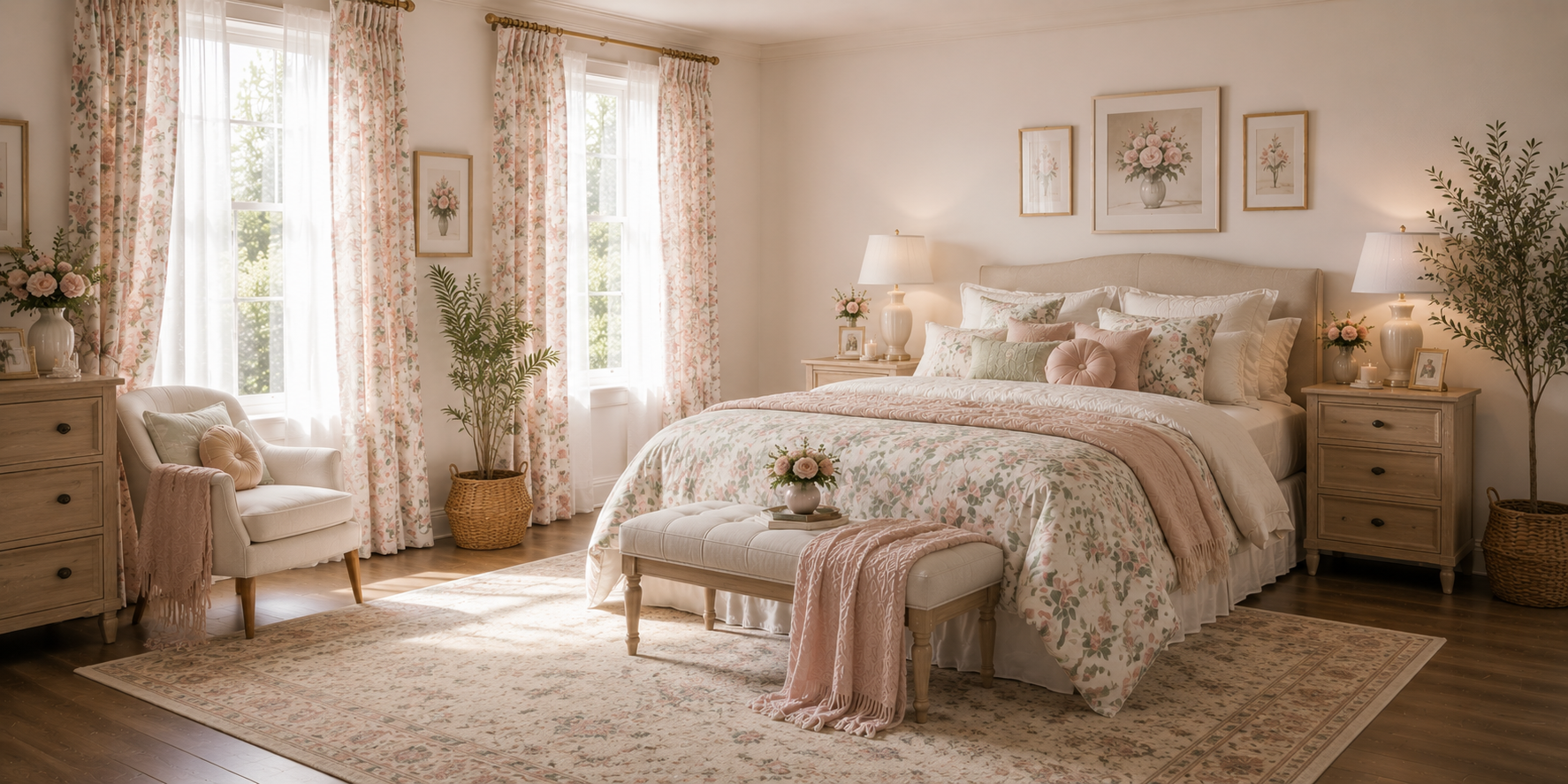 A cozy pastel bedroom with matching floral curtains and bedding, layered sheers, and soft natural light — a harmonious, stylish setup.