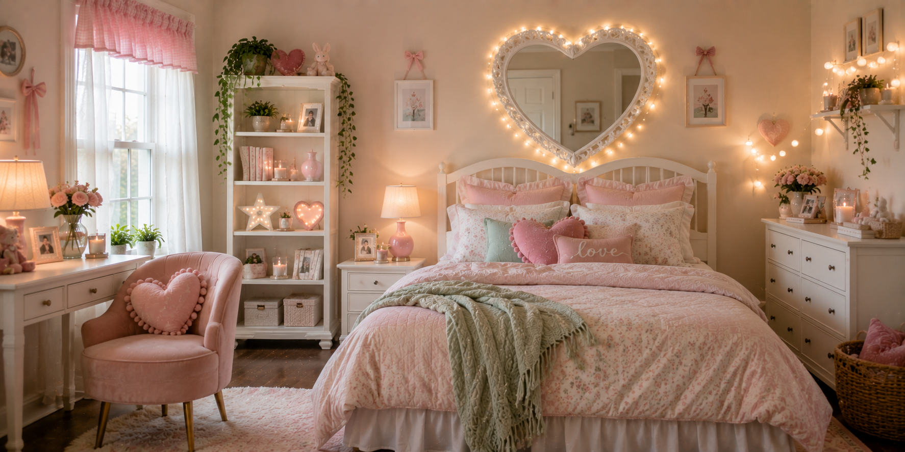 A pastel bedroom with a heart-shaped mirror framed in white, surrounded by fairy lights — cheerful, charming, cozy interior.