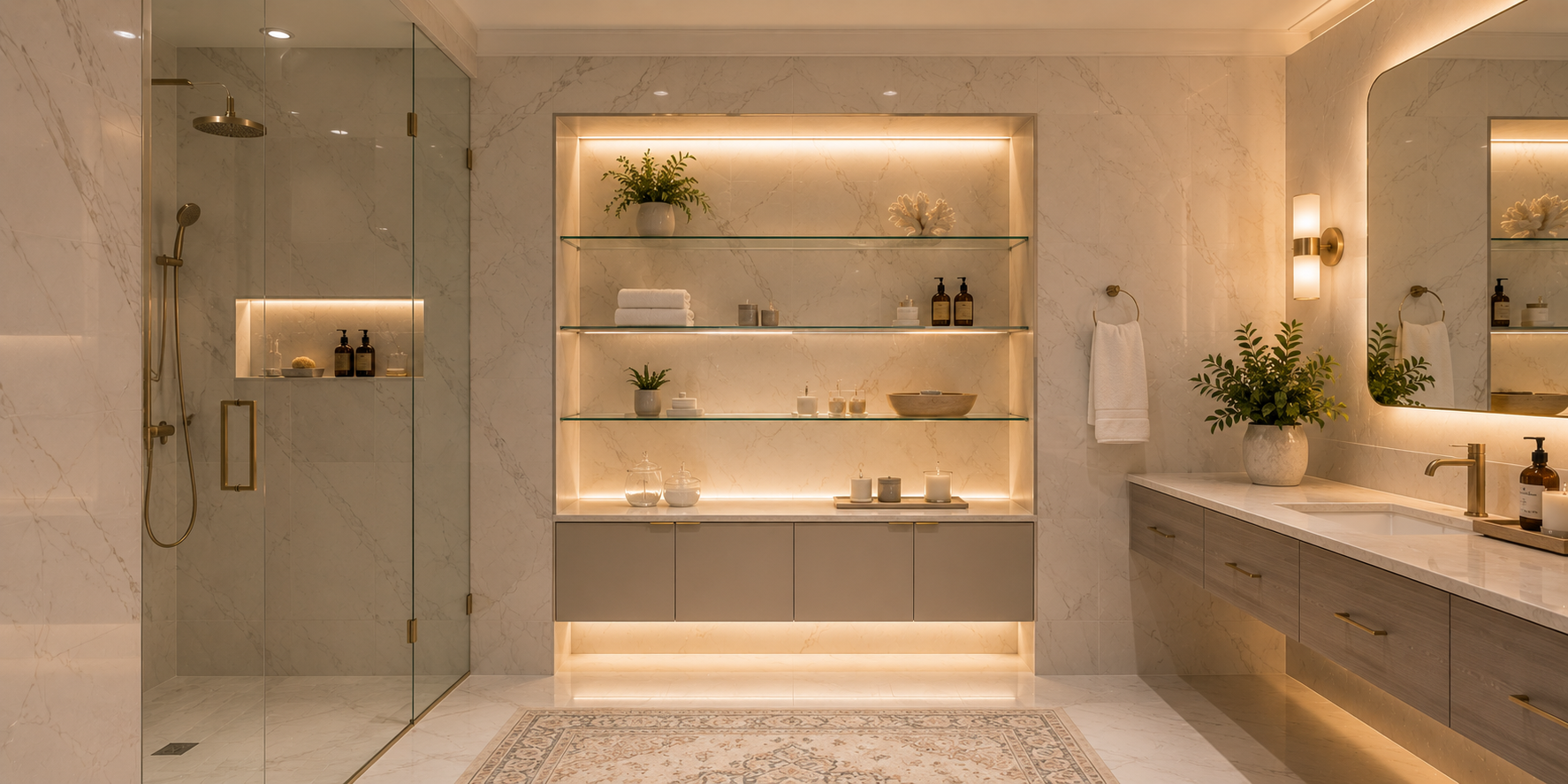 A built-in bathroom alcove with glass-door shelves, backlit LED lighting, neutral marble background, and minimalistic accessories — clean modern aesthetic.