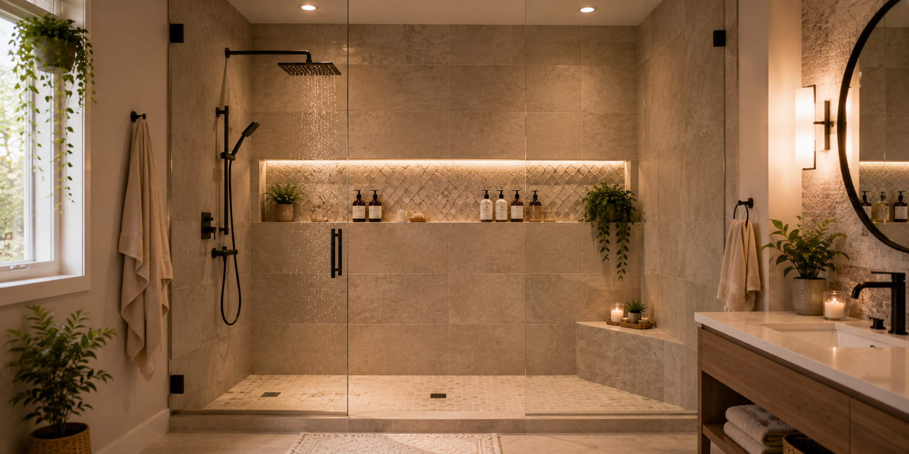 A walk-in shower featuring a horizontal recessed niche with patterned mosaic tiles, shampoo bottles neatly arranged, and a rainfall shower — warm spa ambience.