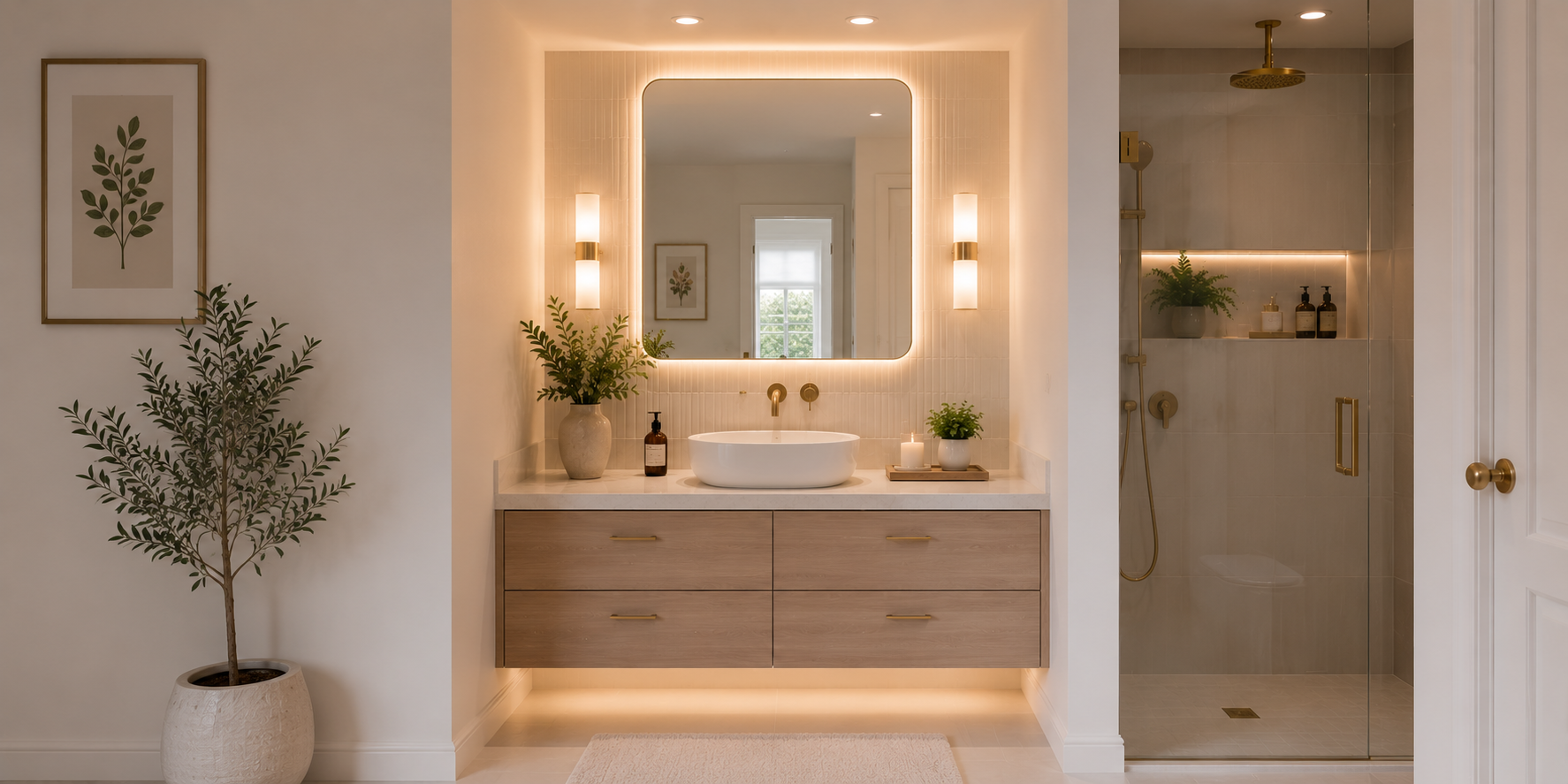 A compact alcove vanity setup with a floating cabinet, vessel sink, quartz countertop, and integrated mirror lighting — minimalist modern bathroom design.