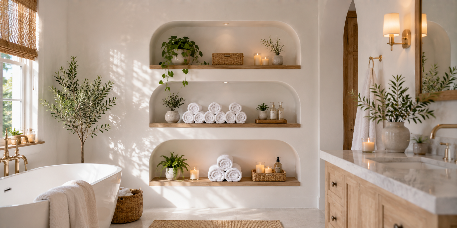 A white bathroom wall with three floating alcove shelves displaying rolled towels, greenery, and candles — soft daylight, natural wood textures.
