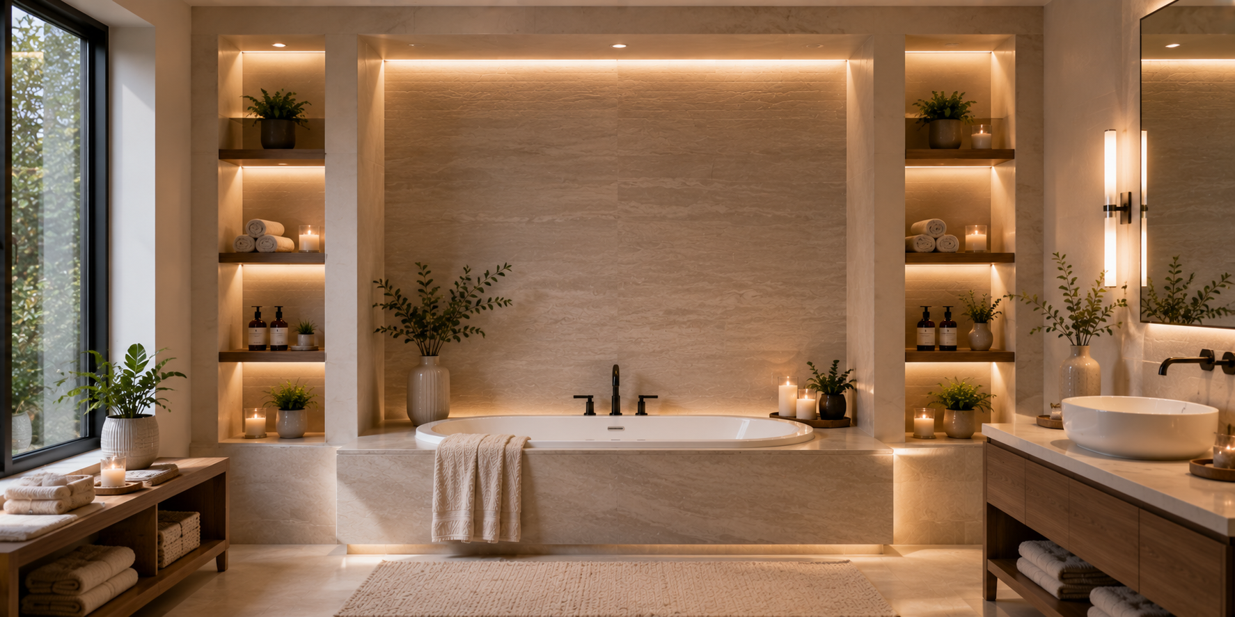 A built-in bathtub surrounded by recessed alcove shelves with candles, towels, and dimmable LED lighting —an elegant modern spa interior.