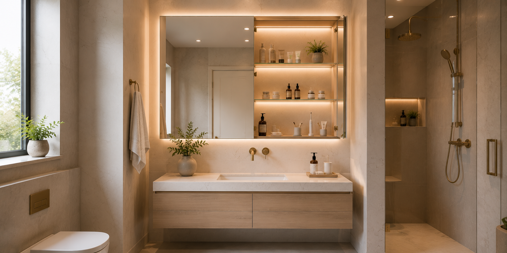 A frameless mirror concealing a recessed alcove cabinet with LED perimeter lighting, toothbrushes, and skincare neatly arranged — modern, elegant bathroom.