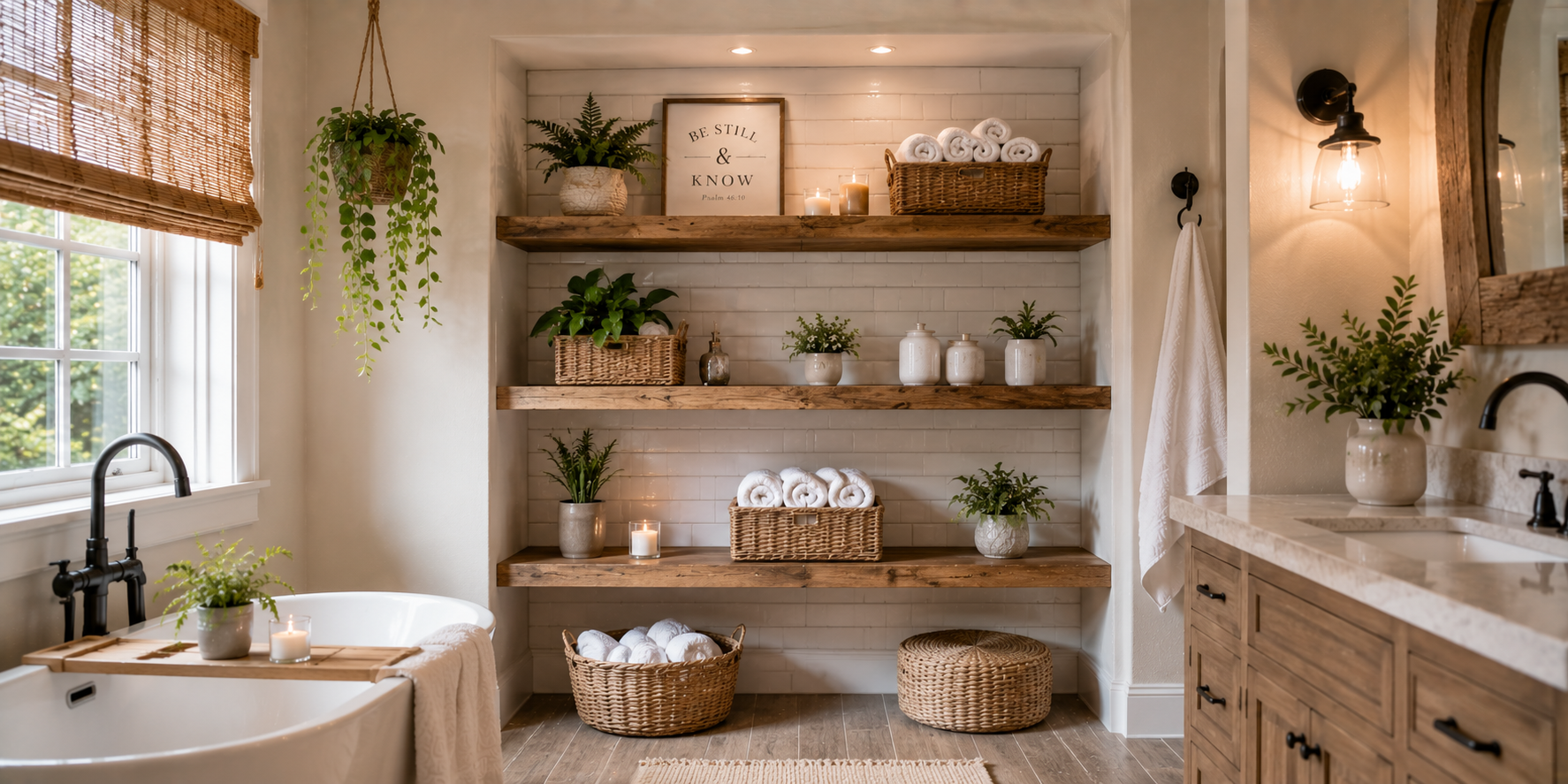 A rustic bathroom alcove featuring reclaimed wooden shelves, wicker baskets, potted plants, and soft white tile background — warm farmhouse ambience.