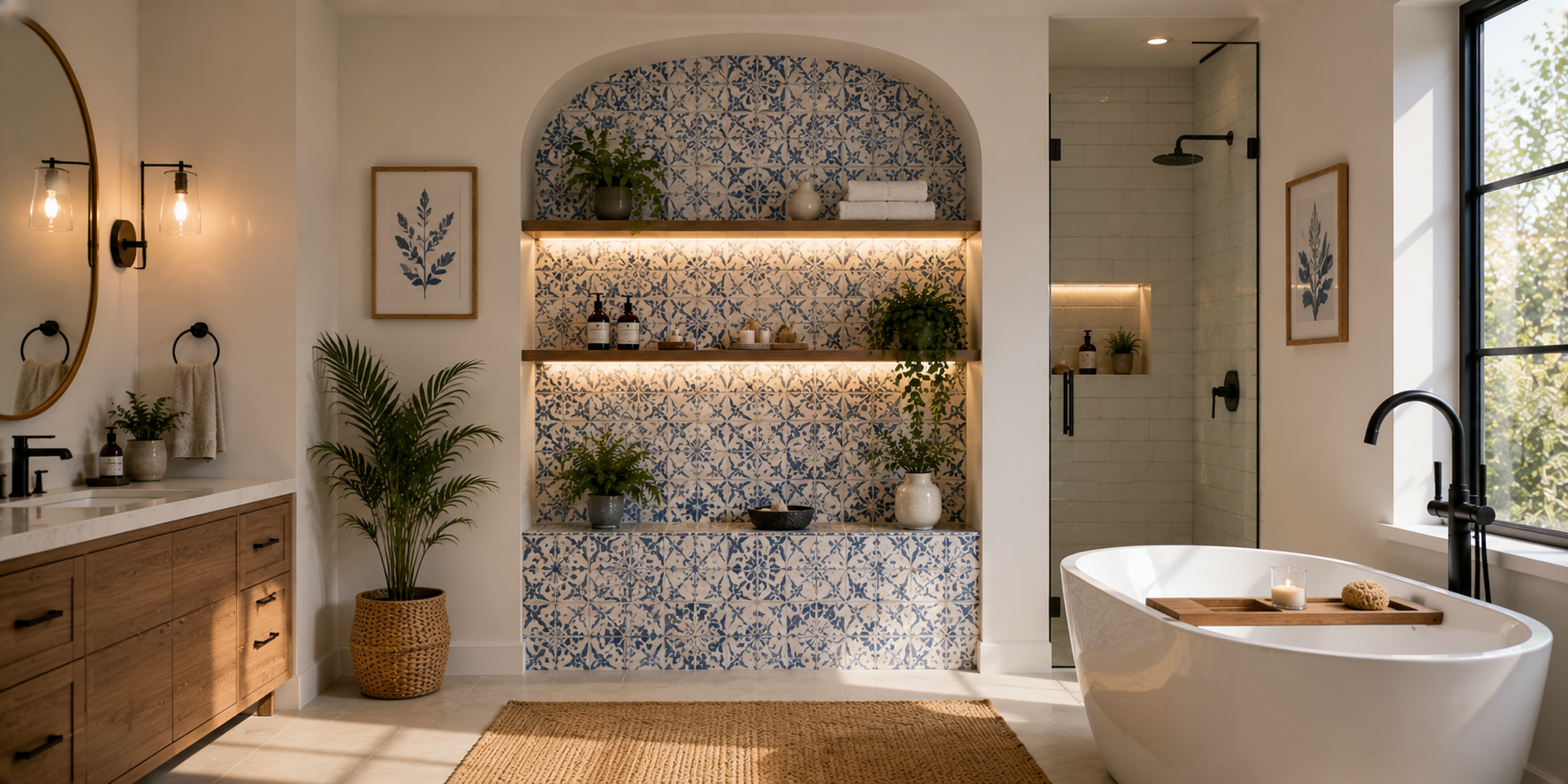A bathroom alcove accented with patterned blue-and-white tiles, illuminated shelves, and minimalist decor — eclectic contemporary design.