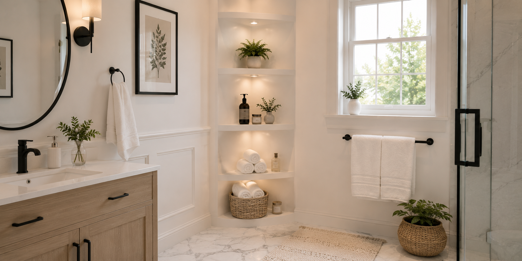 A small bathroom corner with triangular alcove shelves holding towels and decorative bottles — bright white walls and marble flooring.